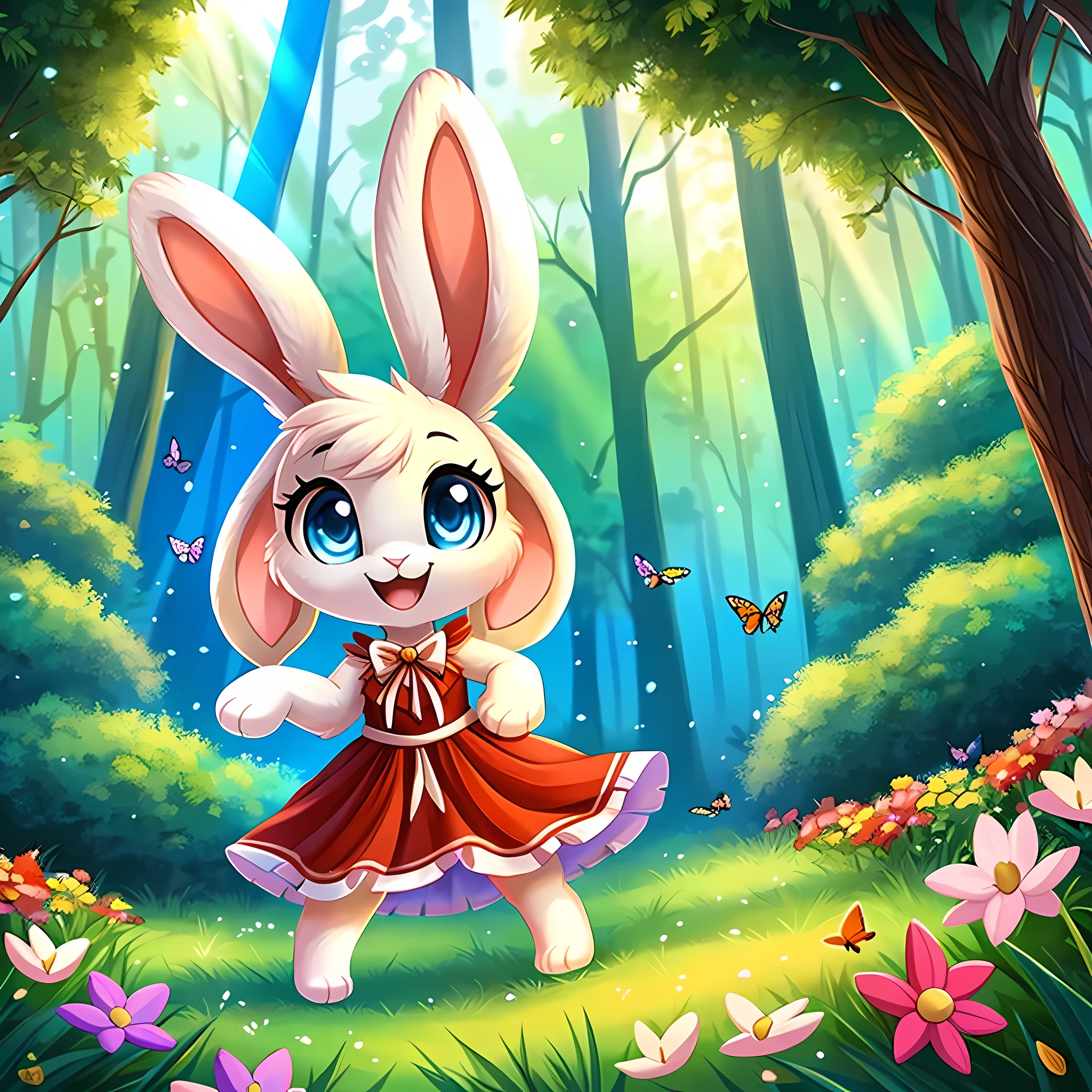 zoomed out image, ((solo character)), cute style art, fantasy style art, cute, adorable, short character, small, tiny little fluffy female white bunny with blue eyes, 4 ears, 2 extra ears, big floppy ears, long ears, ears perked up, raised ears, long eyelashes, poofy rabbit tail, wearing a red frilly ribbon dress, smiling, standing in a colorful fantasy forest, soft tones, big expressive smile, open mouth, wide eyes, excited eyes, excited face, stunning visuals, sunlight coming through the trees, flowers scattered in the bushes, butterflies in the air, digital illustration