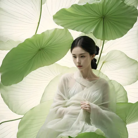 there is a woman holding a fan in front of a big leaf, inspired by tang yifen, inspired by tang yin, palace ， girl wearing hanfu...