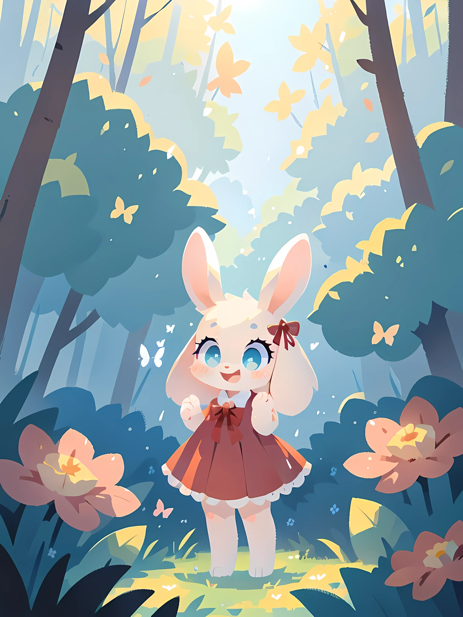 zoomed out image, ((solo character)), cute style art, fantasy style art, cute, adorable, short character, small, tiny little fluffy female white bunny with blue eyes, 4 ears, 2 extra ears, big floppy ears, long ears, ears perked up, raised ears, long eyelashes, poofy rabbit tail, wearing a red frilly ribbon dress, smiling, standing in a colorful fantasy forest, soft tones, big expressive smile, open mouth, wide eyes, excited eyes, excited face, stunning visuals, sunlight coming through the trees, flowers scattered in the bushes, butterflies in the air, digital illustration