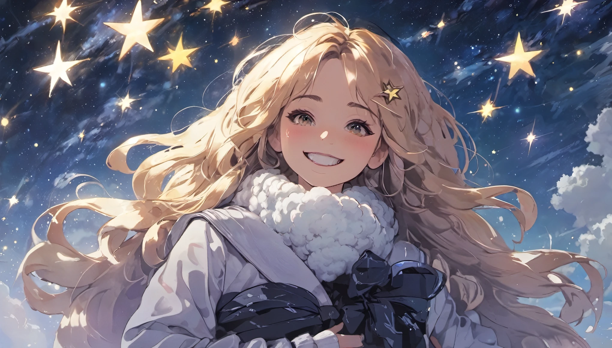 Girl, cloud, showy, Cold, masterpiece, feel, on one side, oblique, smile, starry, stars
