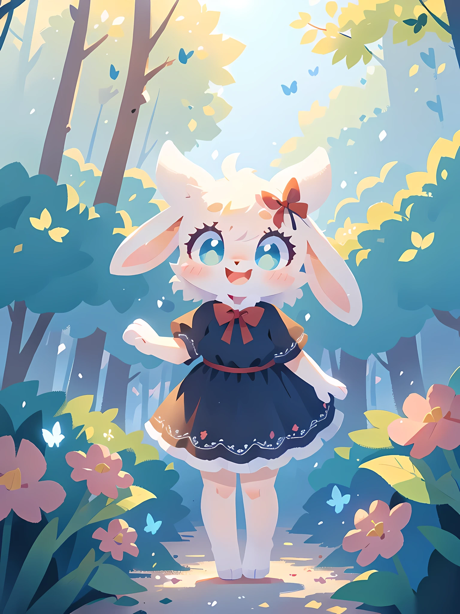 zoomed out image, ((solo character)), cute style art, fantasy style art, cute, adorable, short character, small, tiny little fluffy female white bunny with blue eyes, 4 ears, 2 extra ears, big floppy ears, long ears, ears perked up, raised ears, long eyelashes, poofy rabbit tail, wearing a red frilly ribbon dress, smiling, standing in a colorful fantasy forest, soft tones, big expressive smile, open mouth, wide eyes, excited eyes, excited face, stunning visuals, sunlight coming through the trees, flowers scattered in the bushes, butterflies in the air, digital illustration