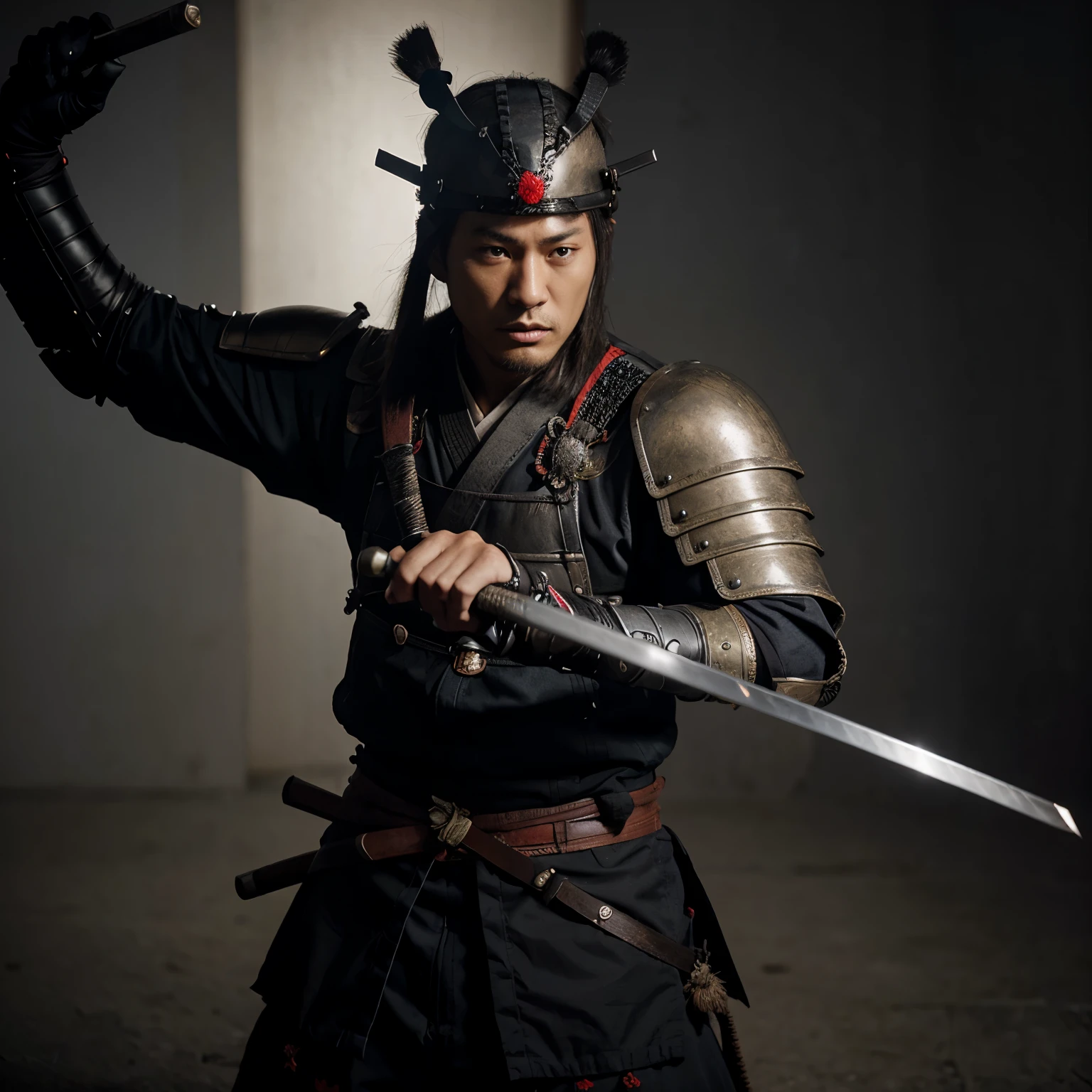Samurai with a sword, katana, hyperrealism, samurai armor and helmet, 