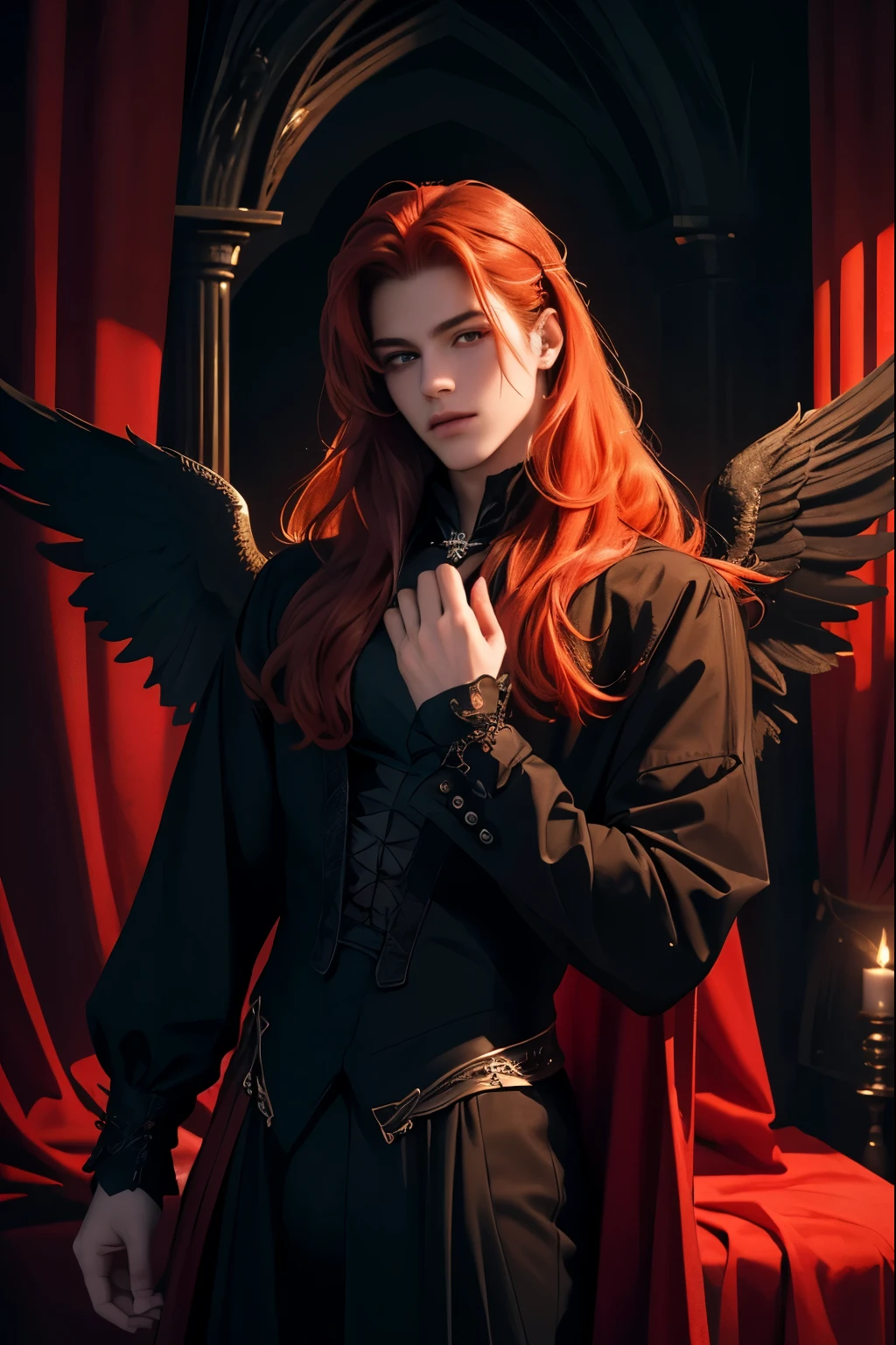 ((Best quality)), ((masterpiece)), 8k (detailed), ((perfect face)), ((halfbody)) perfect proporcions, he is a handsome angel, he is 18 years old, he has long orange hair, he has angel wings, he is not wearing clothes, sexy pose, he is in a room with red curtains, ((perfect face)) ((gothic ambience)) halfbody