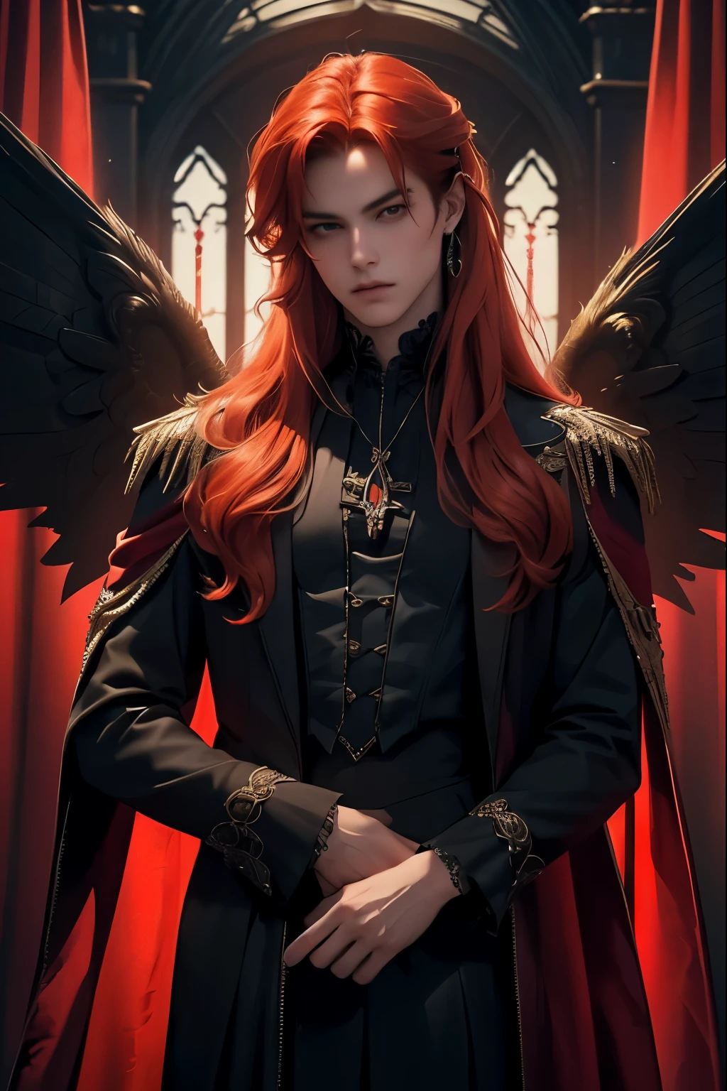 ((Best quality)), ((masterpiece)), 8k (detailed), ((perfect face)), ((halfbody)) perfect proporcions, he is a handsome angel, he is 18 years old, he has long orange hair, he has angel wings, he is not wearing clothes, sexy pose, he is in a room with red curtains, ((perfect face)) ((gothic ambience)) halfbody