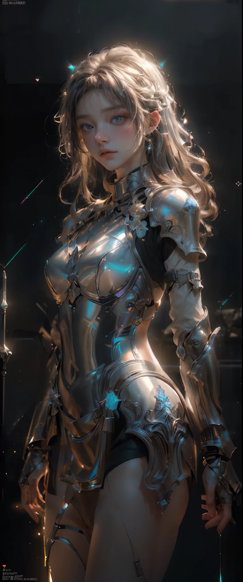 ((masterpiece, highest quality, Highest image quality, High resolution, photorealistic, Raw photo, 8K)), A medieval female knight in luminous armor, (Luminescent armor:1.3), Luminous armor illuminates the area,