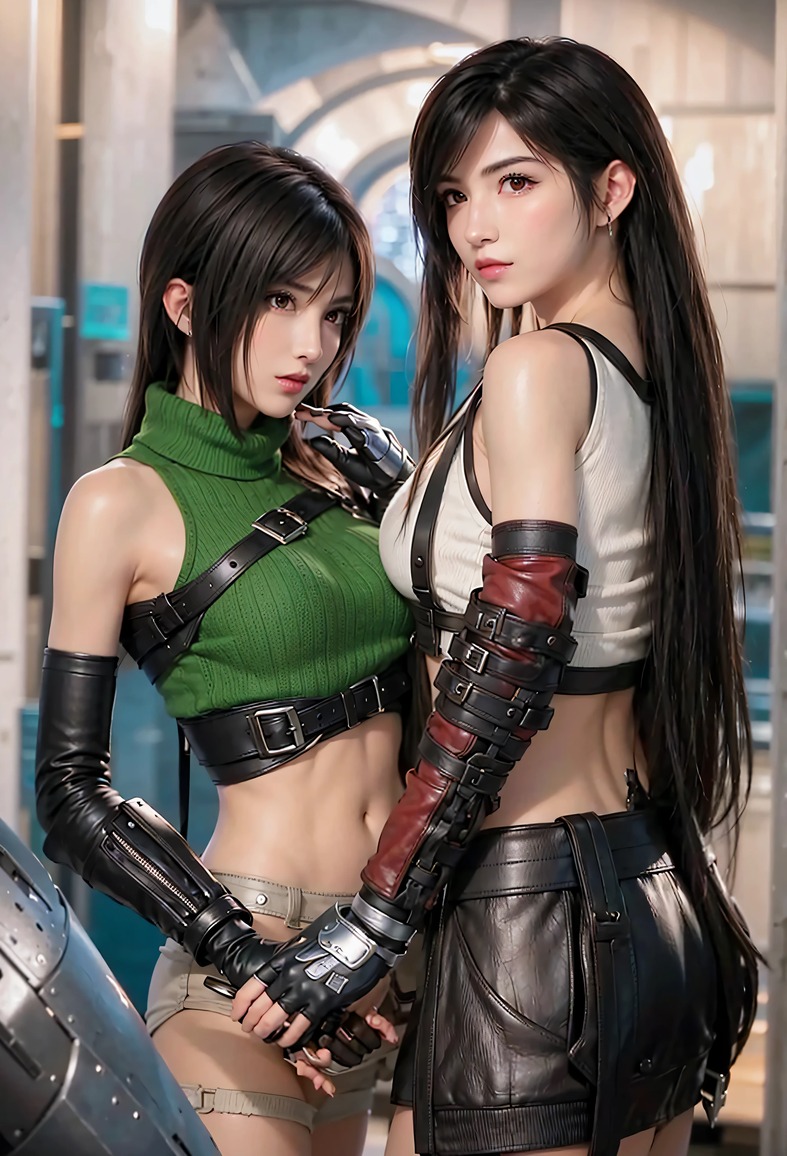 there are two women in leather outfits standing next to each other, tifa, tifa lockhart, portrait of tifa lockhart, tifa lockhart portrait, tifa lockheart, seductive tifa lockhart portrait, glamorous tifa lockheart, from final fantasy vii, tifa lockhart with white hair, 