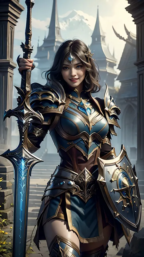 ((best quality)), ((masterpiece)), (detailed),fantasy world , perfect face ( a warrior girl with sword and shield ) dynamic pose...