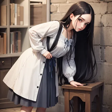 young white girl with long black hair white lock on the left side of her hair dressed in old and antique grayish blue