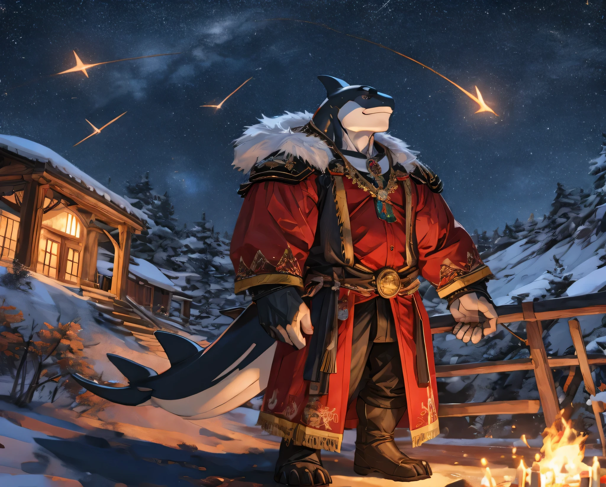 Anthropomorphic, (Solo), Anthro male, Single, Male, Muscle, Lone Orca, 50 years old, in a King clothes, in the hallway, Perfect scaling, Masterpiece, by Zixiong, many peoples celebrate the star holiday, walk alone while watch the stars, Embrace the Sky, Stargazing, Beautiful atmosphere, on the space