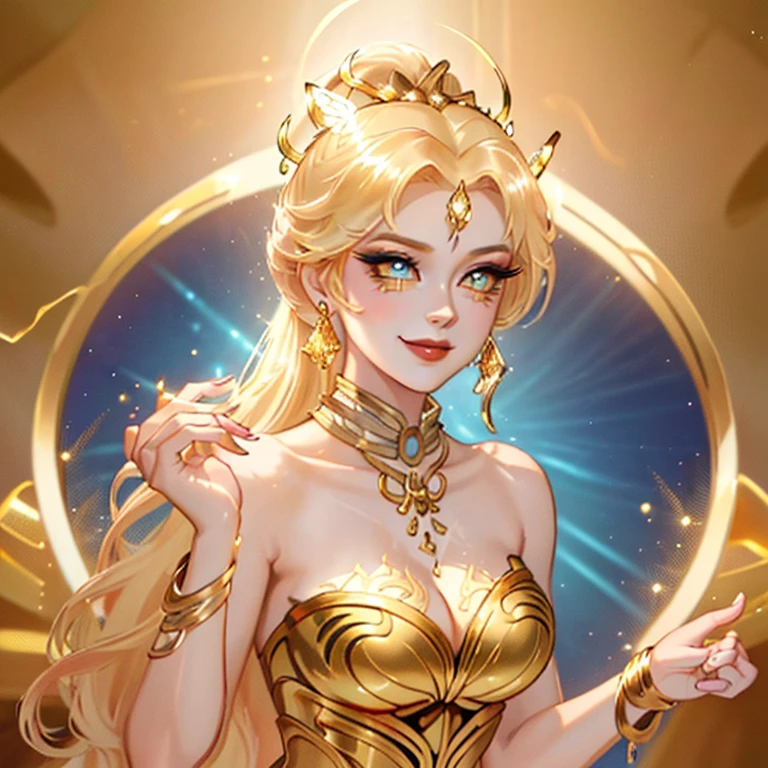 (Ultra-Detailed:1.2),  (Shiny Skin), 1Girl, (Gold Color Detailed Rich Background), Blue Glowing Eyes), ((Gold Color Makeup)),Red Hair Color, Gorgeous Long Ponytail Hairstyle, (Pinterest Trends, DeviantArt Trends), (Delicate Detailed), (Intricate Details), Octane Render, (Dynamic:1.2), (Promo Theme: Gold Honey:1.2), Gold Glowing Accessories, Gorgeous Gown, ((Professional Fashion Pose)), Gold Background Promo, Wearing Big Gold Gown, Showgirl Makeup, rolling eyes, smile, (Illustration:1.2), (Cinematic Lighting), 8K, Best Quality, (Masterpiece:1.2), high details, highres,Gold Gown, Drag Queen Pose, Full Body ,Drag Race LOok