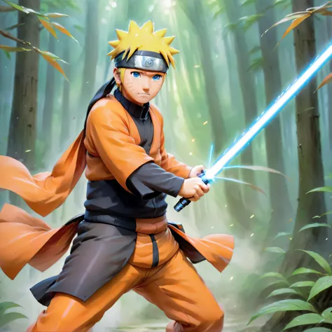 ethereal fantasy concept art of  watercolor painting naruto as a jedi with a light saber,  have a lightsaber, Handmade, delicate...