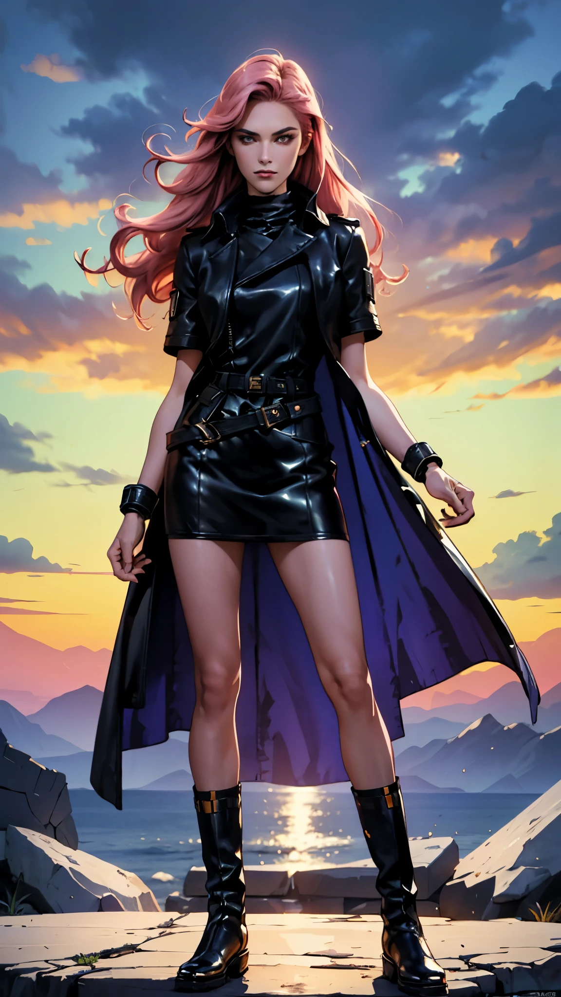 (A beautiful young girl with long curly pink hair, slender eyebrows, sparkling eyes, a bewildered expression, an oval-shapedl face with pale skin, a knee-length form-fitting leather trench coat with very short sleeves, she adorns both hands with metallic wrist guards in a sci-fi ancient civilization style, her long legs are clad in leather boots as she soars through the misty clouds), this character embodies a finely crafted fantasy-realism style western ranger in anime style, exquisite and mature manga art style, porcelain skin, perfect skin, perfect eyes, high definition, best quality, highres, ultra-detailed, ultra-fine painting, extremely delicate, professional, anatomically correct, symmetrical face, extremely detailed eyes and face, high quality eyes, creativity, RAW photo, UHD, 32k, Natural light, cinematic lighting, masterpiece-anatomy-perfect, masterpiece:1.5