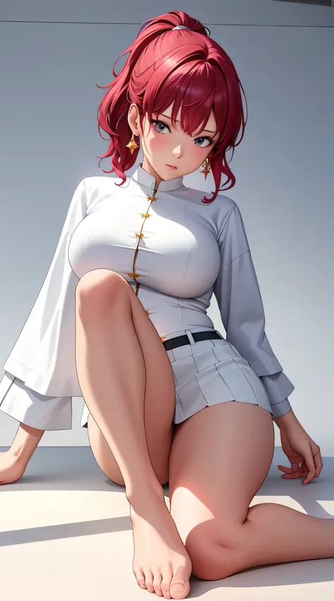 (best quality:1.5, highres, UHD, 4K, detailed lighting, shaders), red afro haired, gradient hair, large breasts, suit, white shi...