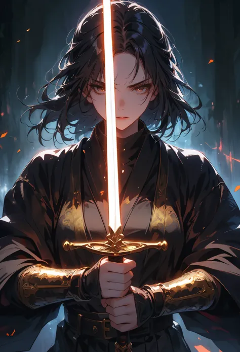 dark atmosphere，dark background，Glowing sword，Can&#39;t see face，Sword in both hands，night，dark，fear，sword focus，Black tones，Gol...