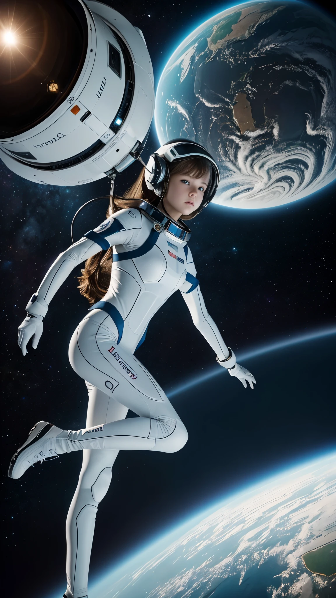 (photograph of a detailed beautiful 18-year old woman with ((facial and body characteristics that is similar to Kristina Pimenova))), finely detailed, ultra-realistic features of her pale skin and (slender and athletic body), and (symmetrical, realistic and beautiful face), Propel viewers into outer space with an astronaut's zero gravity exploration. The model, clad in a futuristic space suit, gracefully floats in a simulated zero-gravity environment. The camera, a DSLR with a fisheye lens, captures the otherworldly scene from a frontal angle, accentuating the curvature of the Earth in the background. The model's hair is styled in a sleek and functional astronaut helmet. Props include scientific instruments. The photographic style is high-tech and immersive, with a cosmic color palette.