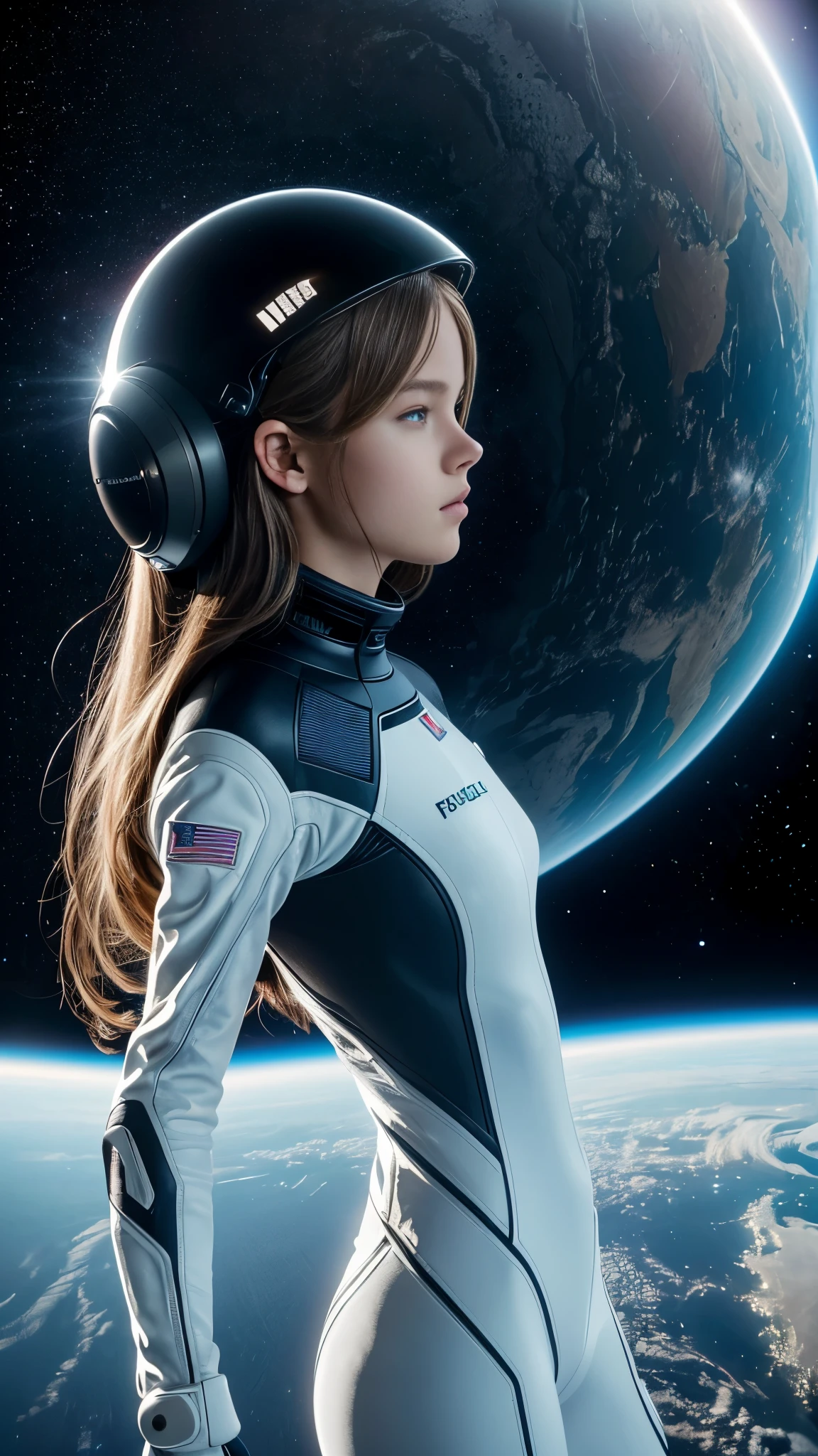 (一位 18 歲美麗女性的詳細照片 ((facial 和 body characteristics that is similar to Kristina Pimenova))), 細緻的, ultra-realistic features of her pale skin 和 (slender 和 athletic body), 和 (對稱, realistic 和 beautiful face), 透過太空人的零重力探索將觀眾帶入外太空. 該模型, 穿著未來派太空服, 優雅地漂浮在模擬零重力環境中. 相機, 附魚眼鏡頭的數位單眼相機, 從正面角度捕捉超凡脫俗的場景, 強調背景中地球的曲率. 該模型's hair is styled in a sleek 和 functional astronaut helmet. 道具包括科學儀器. The photographic style is high-tech 和 immersive, 帶有宇宙調色板.