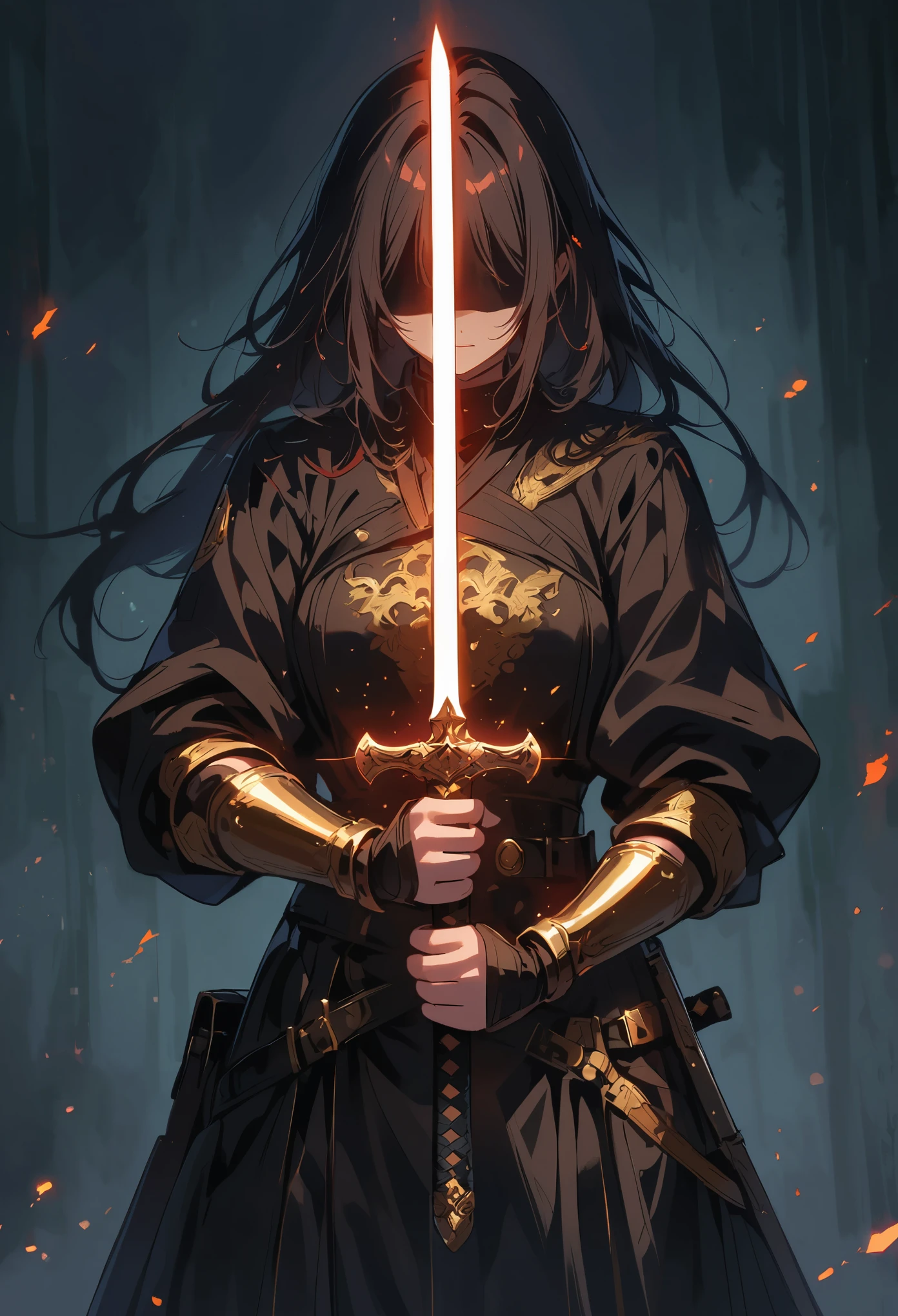 dark atmosphere，dark background，female swordsman in the dark，glowing golden sword，invisible face，Sword in both hands，night，dark，fear，sword focus，Black tones，