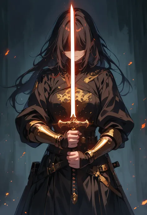 dark atmosphere，dark background，female swordsman in the dark，glowing golden sword，invisible face，Sword in both hands，night，dark，...