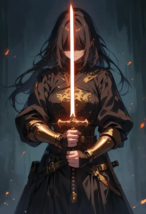 dark atmosphere，dark background，female swordsman in the dark，glowing golden sword，invisible face，sword in both hands，night，dark，...