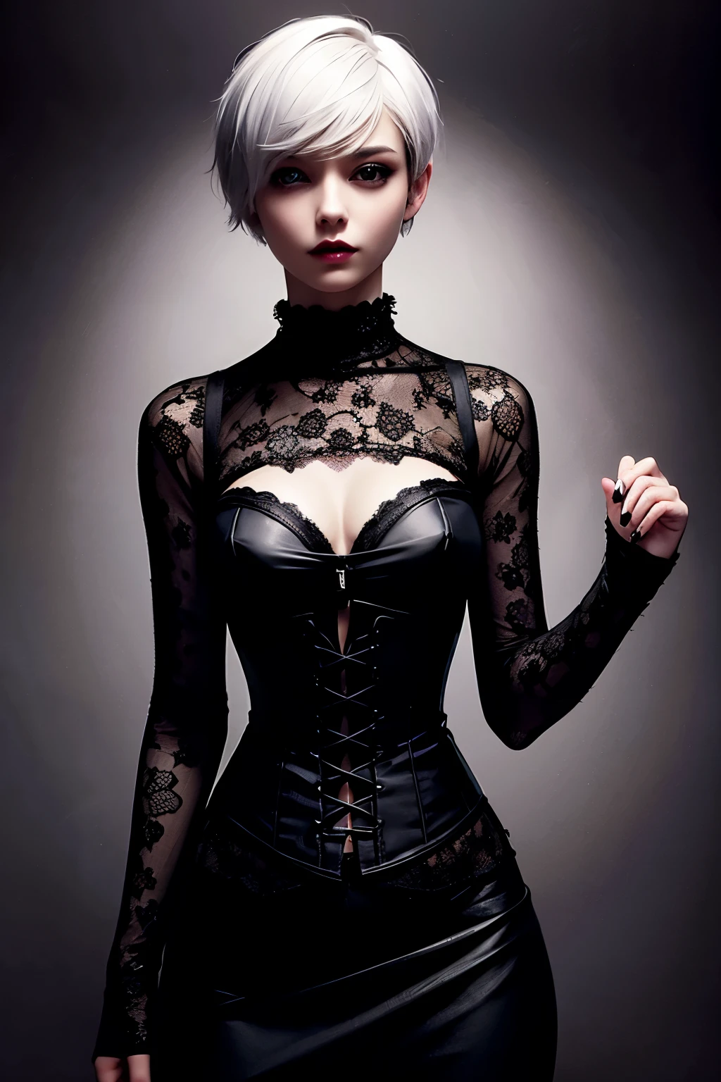 1 girl, short white hair, short pixie cut, dungeon, dark, dimmed light, gothic, black corset, purple lace