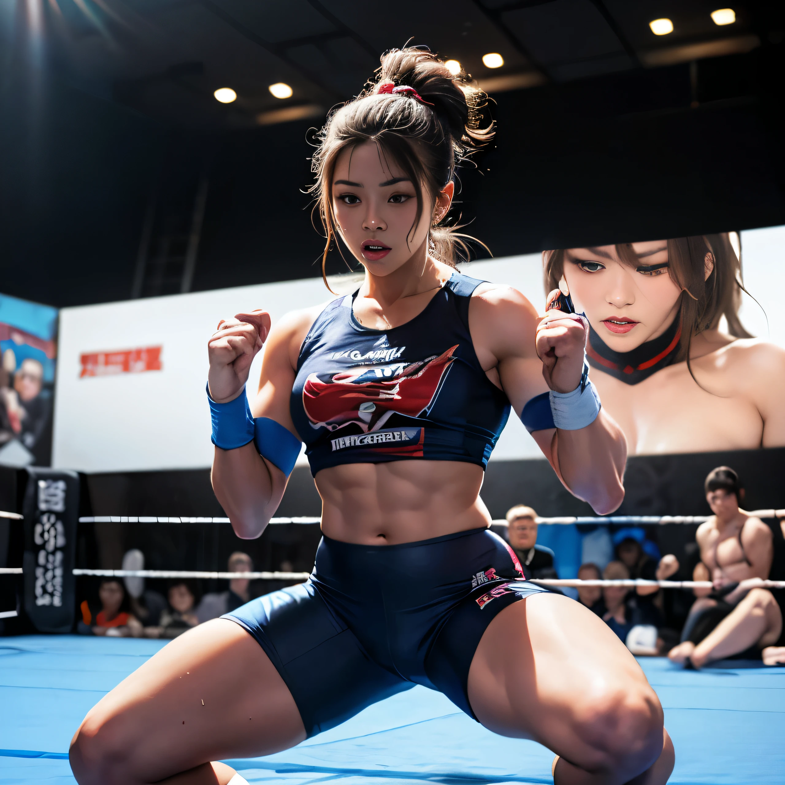 (highest quality,4k,8K,High resolution,masterpiece:1.2),Super detailed,(realistic,photorealistic,photo-realistic:1.37),Japanの女の子,wrestler,young,apprentice, During practice,squat,sweating,T-shirt,sportswear,fitness,energy,strength, decide,intense,dedication,intense concentration,traditional dojo setting,shiny wrestling ring,wrestling belt,dynamic lighting,dramatic shadow,action packed scenes,colorful spotlight,Explosive movement,exciting excitement,sports,physicality,bright colors,sharp details,lively look,powerful pose,muscular physique,confident gaze,intense decide,authentic wrestling moves,authentic wrestling costumes,delicate features,Japan&#39;unique beauty,Ninja-inspired face paint,tatami,basics of discipline,strong bond with fellow wrestlers,support trainer.