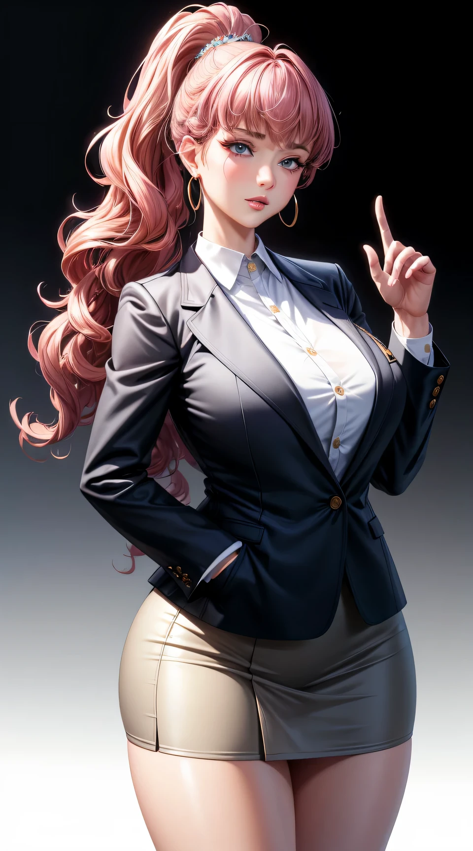 (best quality:1.5, highres, UHD, 4K, detailed lighting, shaders), (high quality eyes), ( perfect fingers),  curly floral haired, gradient hair, large breasts, suit, gray shirt, social shirt, short skirt, mature woman , (pov), white background, colorful eyeshadow, dramatic lighting, sparkling eyes, sensual expression, golden earrings, delicate facial features, soft skin, high cheekbones, urban setting, white background, dont look for the camera, lean forward,  behind  the camera, full body