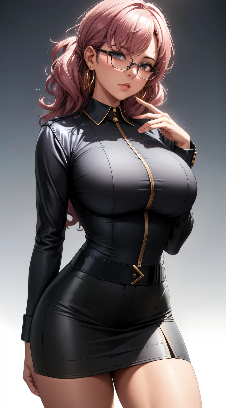 (best quality:1.5, highres, UHD, 4K, detailed lighting, shaders), gold curly haired, gradient hair, large breasts, suit, gray shirt, social shirt, short skirt, mature woman with glasses, perfect fingers, (pov), white background, colorful eyeshadow, dramatic lighting, sparkling eyes, sensual expression, golden earrings, flowing hair, delicate facial features, dark skin, high cheekbones, urban setting, white background, dont look for the camera, lean forward, ( pose : behind the camera)