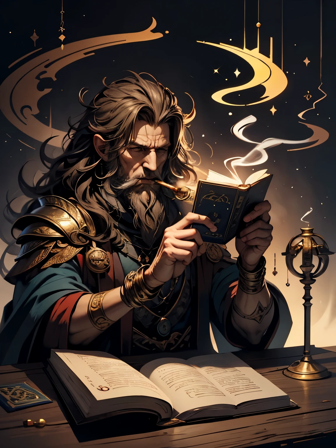 إله الأساطير, أساطير & حكايات. لديه كتاب قصص وغليون تدخين.