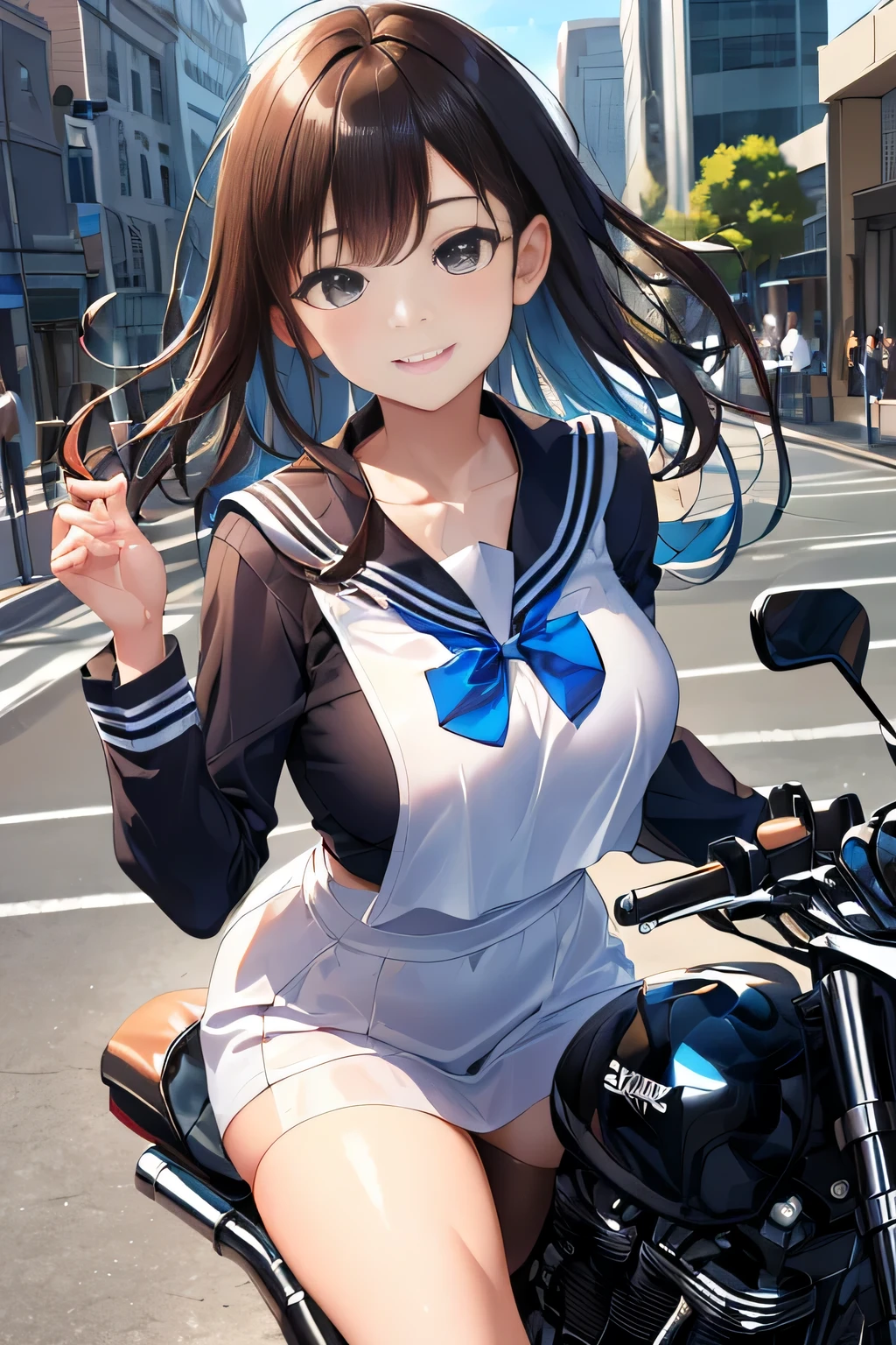 big and full breasts、(((A transparent white sailor suit that sticks to the chest,school uniform:1.7))),(((A woman wearing a transparent sailor suit:1.7 ))),(((A woman riding a colorful custom-painted motorcycle through the city:1.7))), Shiny light brown and orange striped short hair,cute smile,perfect round face,A cheerful smile that makes the viewer happy,proper body proportions,table top,Ultra high quality output image,High resolution,intricate details,very delicate and beautiful hair,realistic pictures,dream-like,professional lighting,realistic shadow,focus only,beautiful hands,beautiful fingers,Detailed functions of fingers,Detailed features of the wear,Detailed characteristics of hair,detailed facial features,(((emphasize the chest:1.3))),(dynamic angle),(dynamic and sexy pose),laughter、cute round face,,(table top,highest quality,Ultra-high resolution output image,) ,(8K quality,),(sea art 2 mode.1),(Image Mode Ultra HD,)