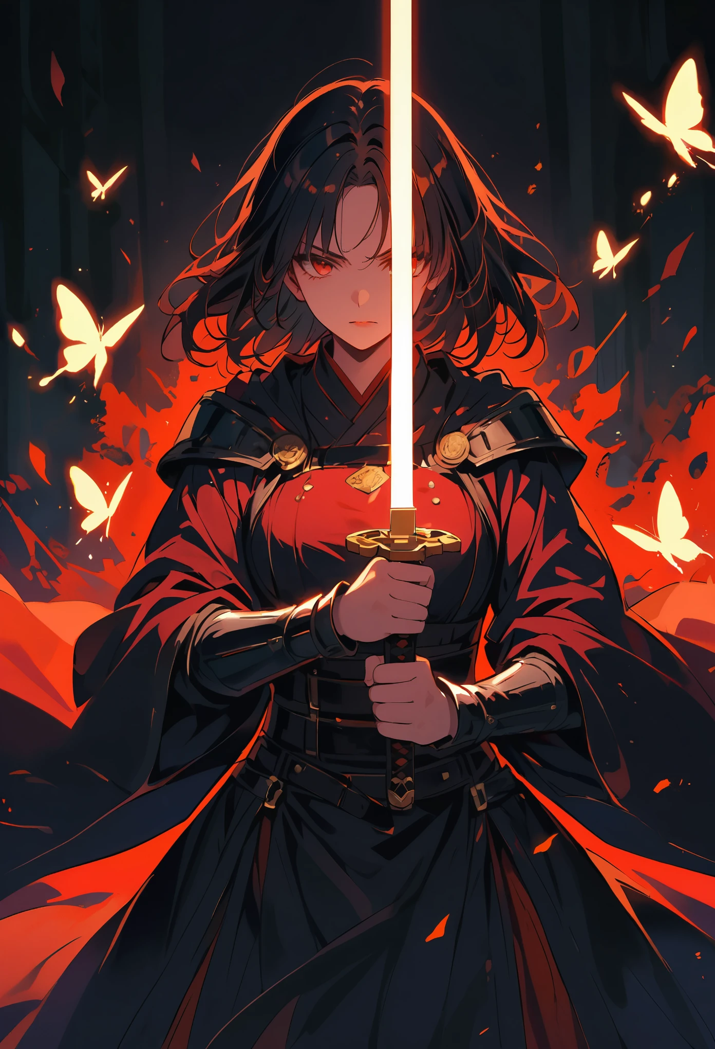 dark atmosphere，dark background，female swordsman in the dark，glowing golden sword，lightsaber，invisible face，Sword in both hands，night，dark，fear，sword focus，Glowing butterflies flying in the air