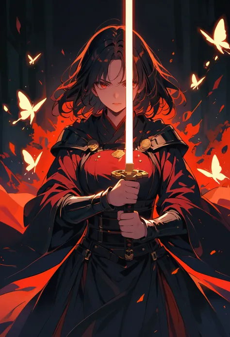 dark atmosphere，dark background，female swordsman in the dark，glowing golden sword，lightsaber，invisible face，Sword in both hands，...