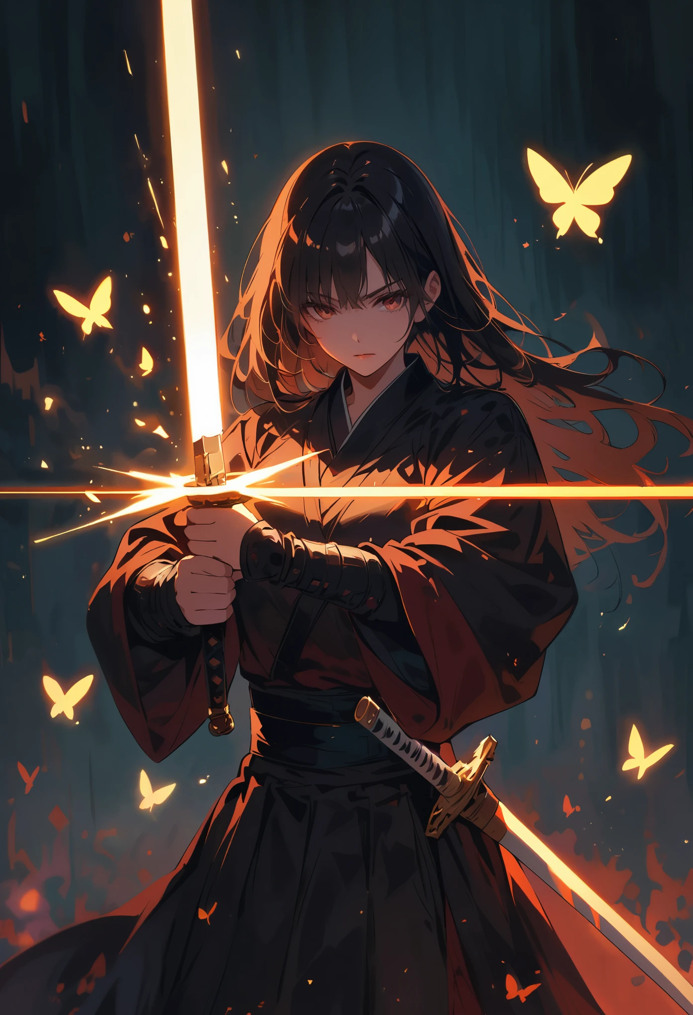 dark atmosphere，dark background，female swordsman in the dark，glowing golden sword，lightsaber，invisible face，Sword in both hands，night，dark，fear，sword focus，Glowing butterflies flying in the air