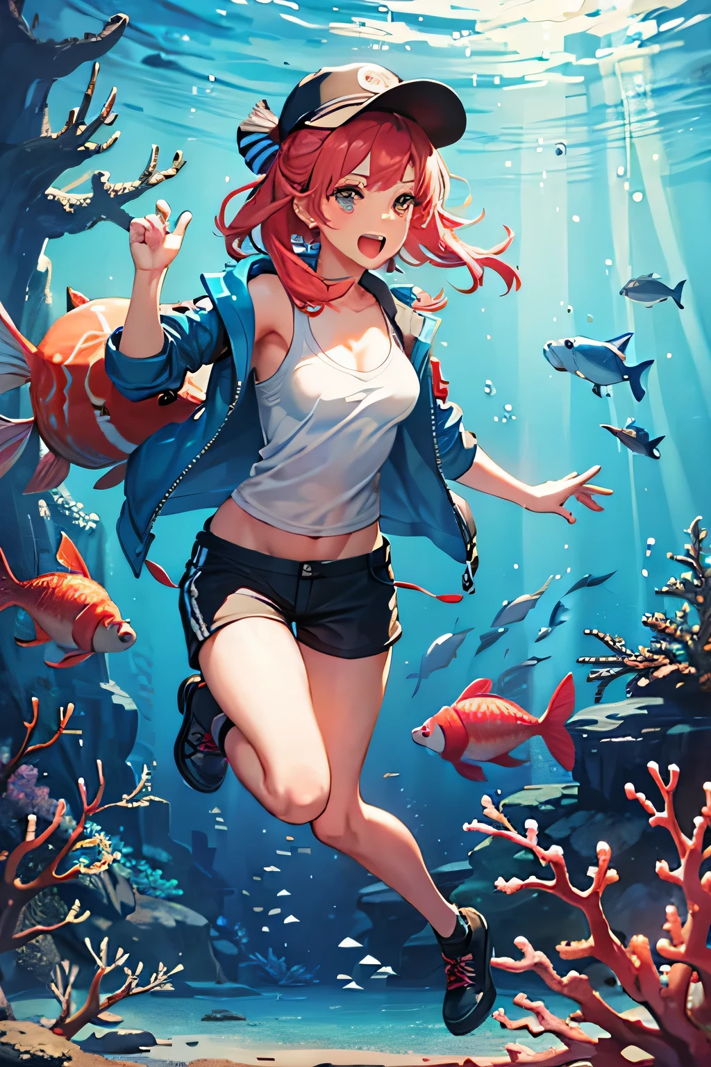 [(1 girl:2), Jacket], in water, bubbles, big aquarium, SeaWorld, (group of fish, fish:1.4), coral coral reef, coral, coral reef, (minimalist), colorful, interior:1.2, play, fun, walk,