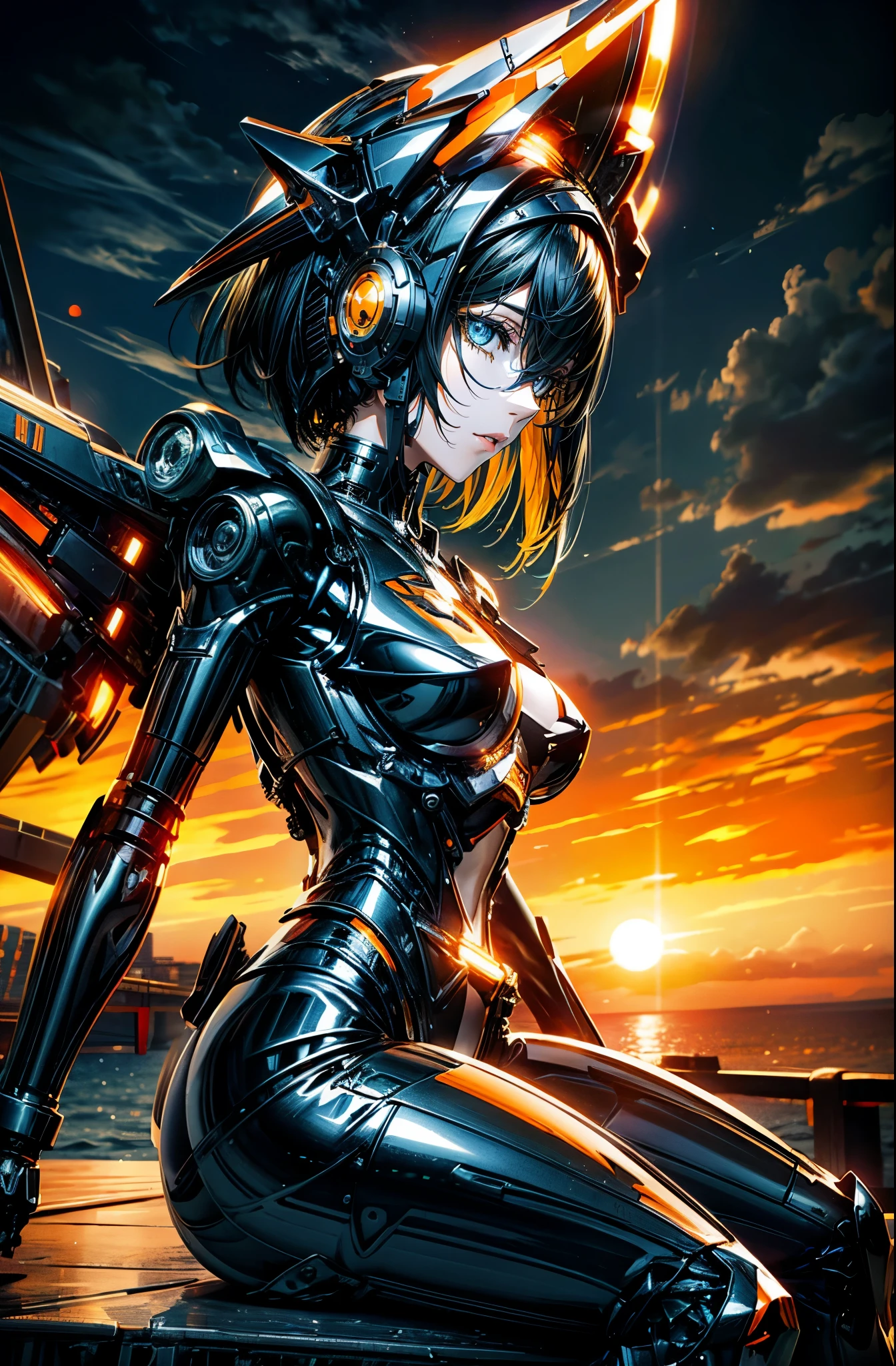 hyper quality、8K quality、High resolution、Image quality taken with a single-lens reflex camera、(SFW)、perfect anatomy、(orange theme)tragic girl、adult atmosphere、30 year old woman with short black hair.blue eyes(gentle expression、黒Glasses:1.4)(Good shape and normal breasts)、Shiny blue mechanical battle suit with a three-dimensional feel、(Glasses:1.3)BREAK(bike🏍:1.5)BREAK、turn sideways（perfect anatomy:1.4）BREAK(Sitting on the breakwater and enjoying the sunset、profile、looking away:1.2)(A dazzling orange sunset from the west🌇、orange light:1.2)Portrait