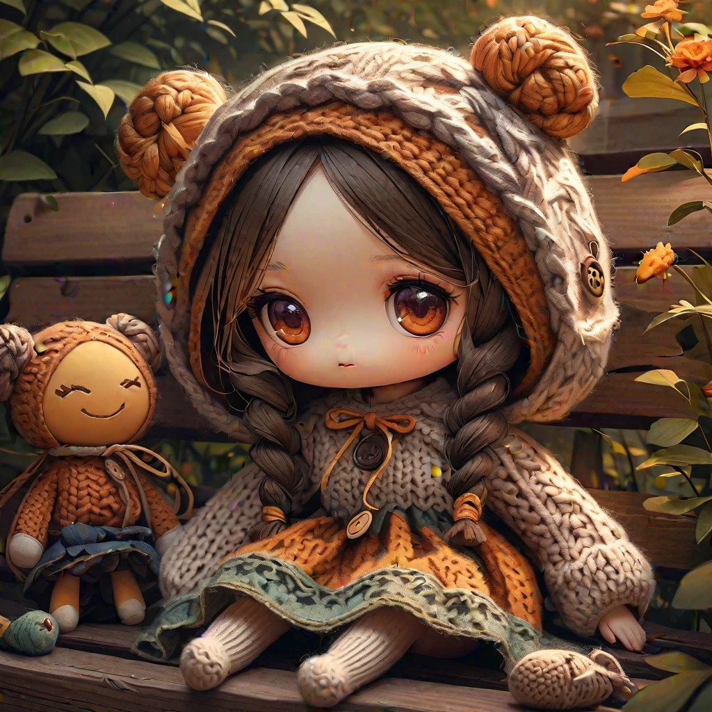 (La best quality,High resolution,super detailed,actual),2 cute knitted dolls，in the garden，smiley face，（（A masterpiece full of fantasy elements）））， （（best quality））， （（intricate details））（8K）
