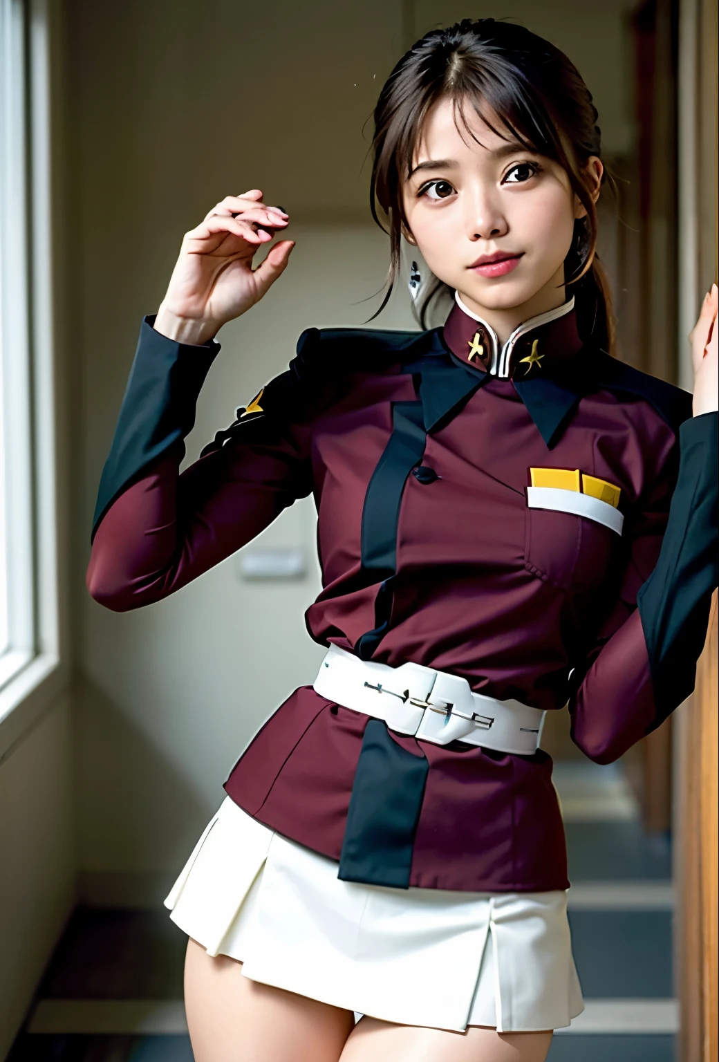 fotos reais、Melhor qualidade de imagem、imagem real、Melhor sorriso、（calcinha branca:1,4）、minissaia uniforme do exército federal、Yuko Sugai、mulher japonesa, 16 anos、rabo de cavalo、satomi ishihara、bela menina、calcinha brancaーが丸見え、（calcinha brancaー:1.3）、super mini-saia、lindas coxas、calcinha brancaー、ミニスカートがめくれてcalcinha brancaーが見えてる