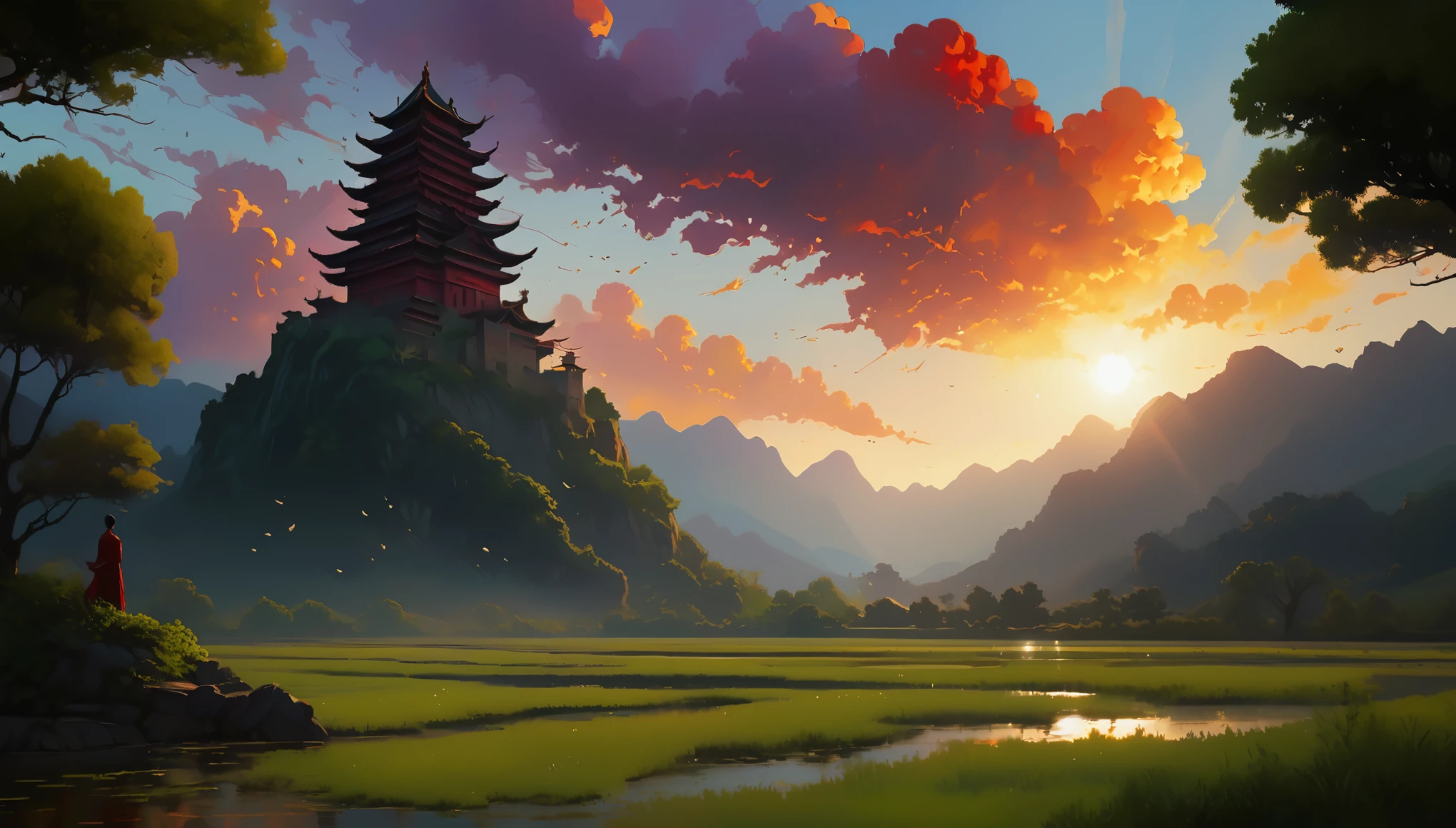 ((Chinese palace complex)), In the valley before sunset, sharp colors, Sunset, Movie lighting feel, long shadow, red long thatch, green tree, Black cumulonimbus clouds, Sunshine, king liam style, Peaceful and serene, 2D game art, Ultra HD graphics, Somber and drab color palette, red, Purple, dark tones, moving images, flowerpunk, intricate details, Dynamic, dramatic lighting, backlight, saturated contrast, Watercolor Cartoon & Oil paintings by Joseph Ann Lindecker & James Jean & Anders Zorn & Jeremy Mann & Alphonse Mucha, Romanticism, Constructivism, super detail, award winning, 8k, best quality