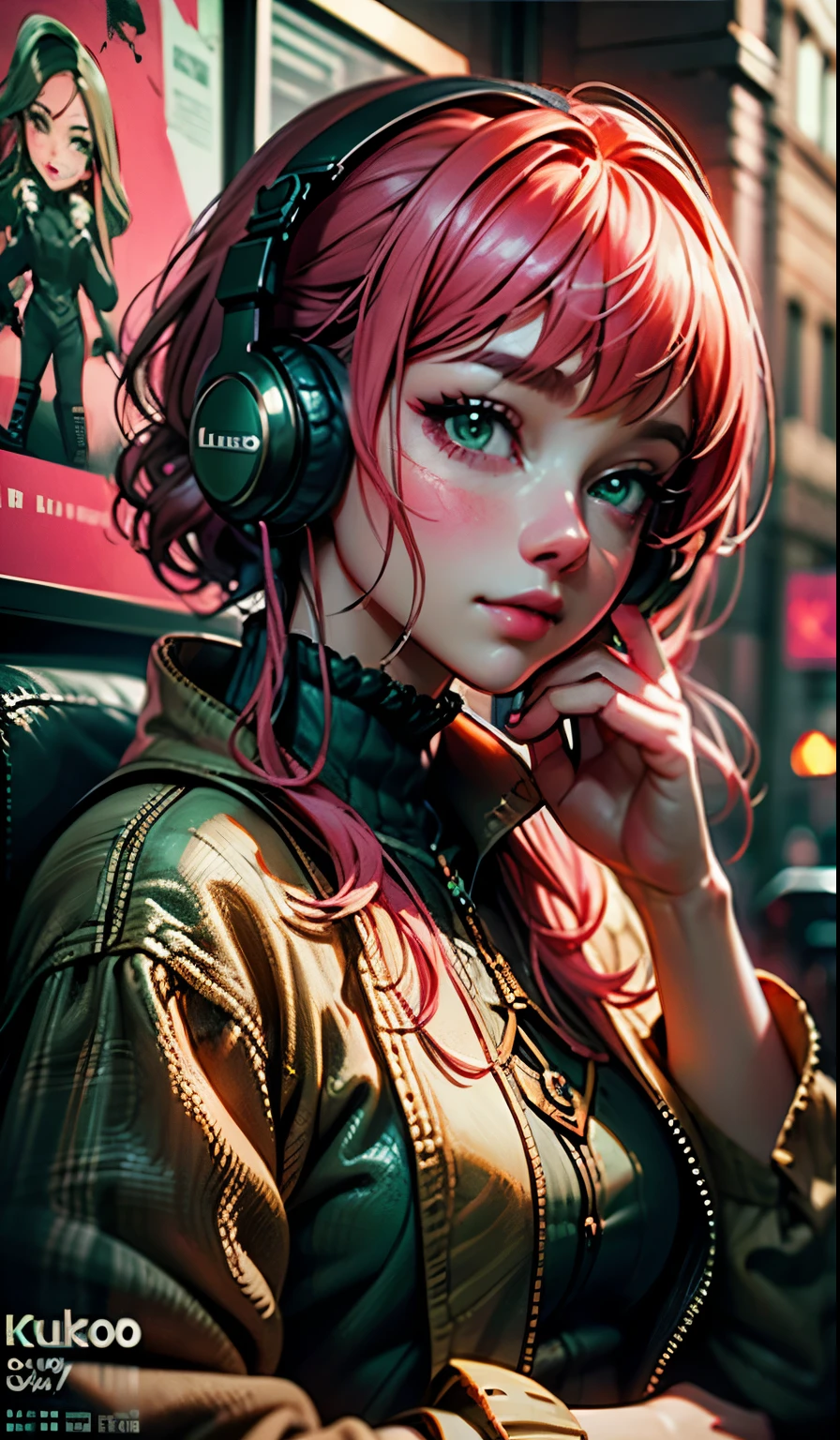 model girl wearing headphones, city background, emerald green eyes, pink hair, intricate details, aesthetically pleasing pastel colors, poster background, art by ilya kuvshinov