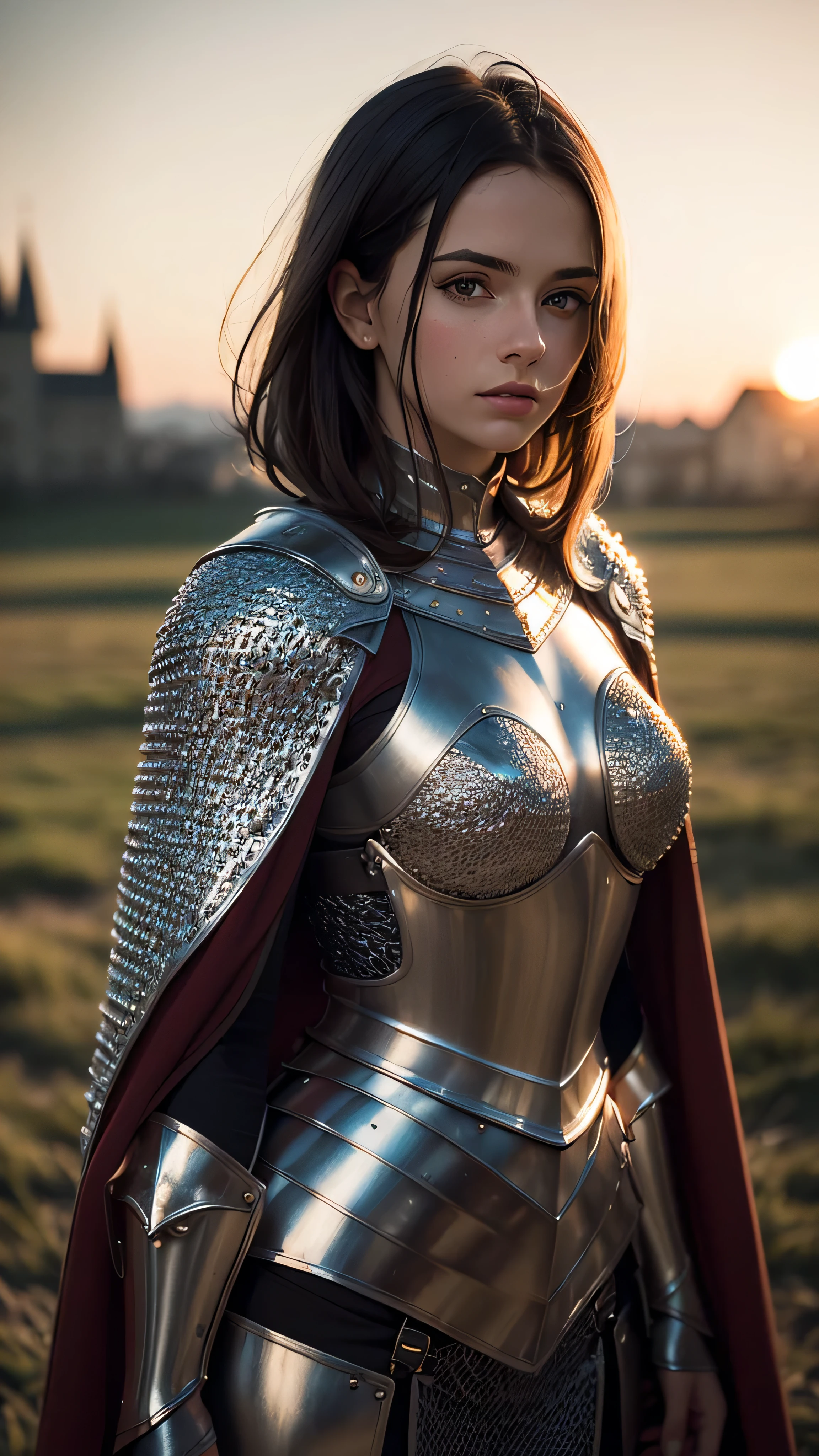 (masterpiece), (extremely intricate:1.3), (realistic), portrait of a girl, (medieval armor), metal reflections, upper body, outdoors, intense sunlight, far away castle, professional photograph of a stunning woman detailed, (short straight dark hair, dynamic pose), sharp focus, dramatic, award winning, cinematic lighting, volumetrics dtx, (film grain, blurry background, blurry foreground, bokeh, depth of field, sunset, interaction, maroon Perfectchainmail, cape)