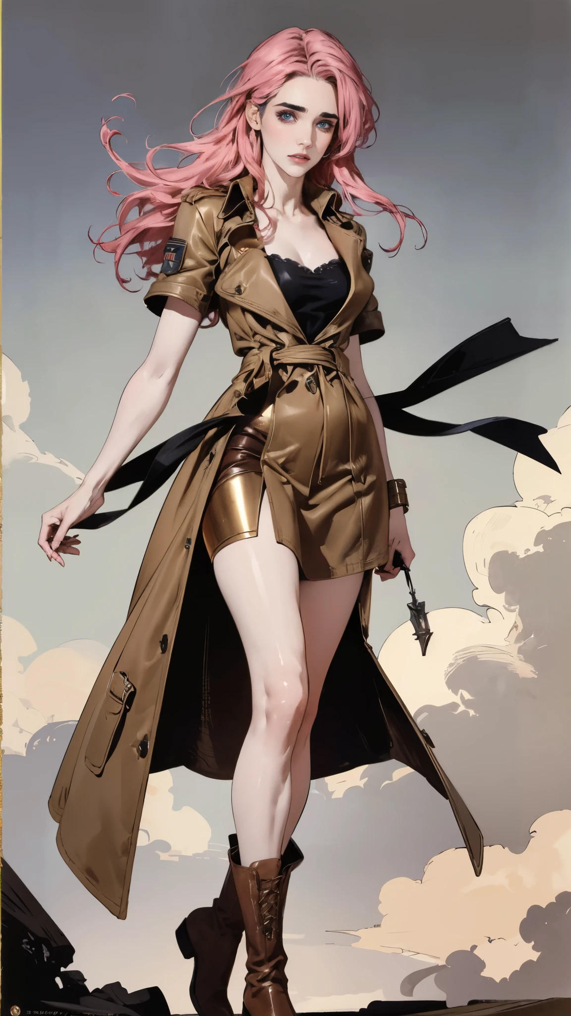 (A beautiful young girl with long curly pink hair, slender eyebrows, sparkling eyes, a bewildered expression, an oval-shapedl face with pale skin, a knee-length form-fitting leather trench coat with very short sleeves, she adorns both hands with metallic wrist guards in a sci-fi ancient civilization style, her long legs are clad in leather boots as she soars through the misty clouds), this character embodies a finely crafted fantasy-realism style western ranger in anime style, exquisite and mature manga art style, porcelain skin, perfect skin, perfect eyes, (Jennifer Connelly:1.2), high definition, best quality, highres, ultra-detailed, ultra-fine painting, extremely delicate, professional, anatomically correct, symmetrical face, extremely detailed eyes and face, high quality eyes, creativity, RAW photo, UHD, 32k, Natural light, cinematic lighting, masterpiece-anatomy-perfect, masterpiece:1.5