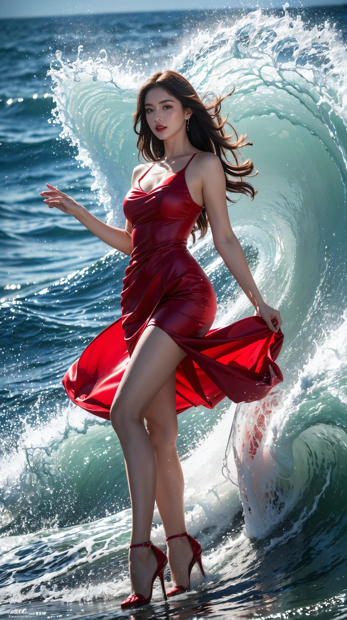 highest quality,masterpiece,ultra high resolution,(actual:1.4),original photo,ultra high resolution，8K，there is a woman，Fair skin，exquisite makeup，big waves of red lips，red dress，high heels，long legs，bright and beautiful