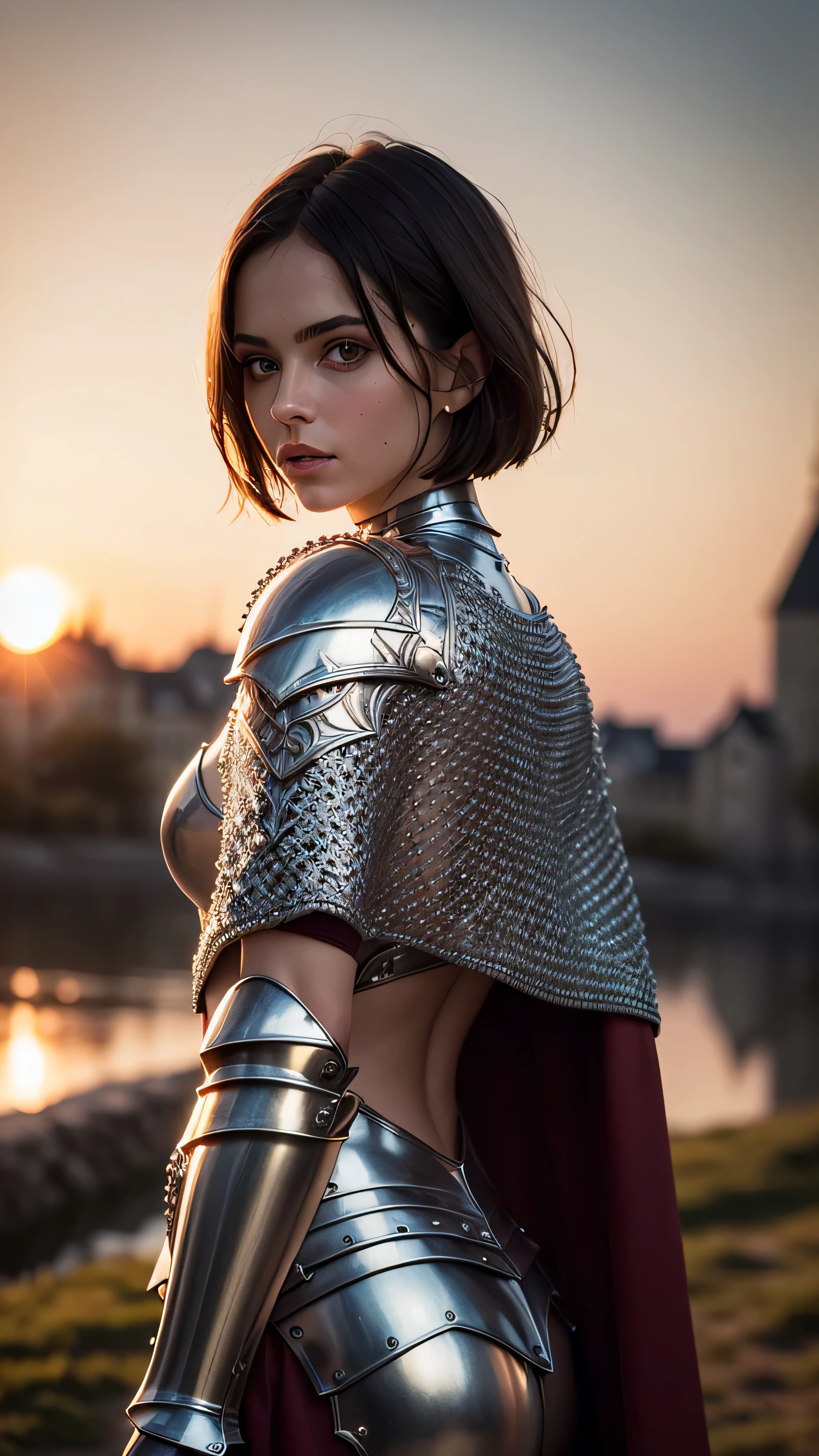 (masterpiece), (extremely intricate:1.3), (realistic), portrait of a girl, (medieval armor), metal reflections, upper body, outdoors, intense sunlight, far away castle, professional photograph of a stunning woman detailed, (short undercut dark bob hair, dynamic pose), sharp focus, dramatic, award winning, cinematic lighting, volumetrics dtx, (film grain, blurry background, blurry foreground, bokeh, depth of field, sunset, interaction, maroon Perfectchainmail, cape)