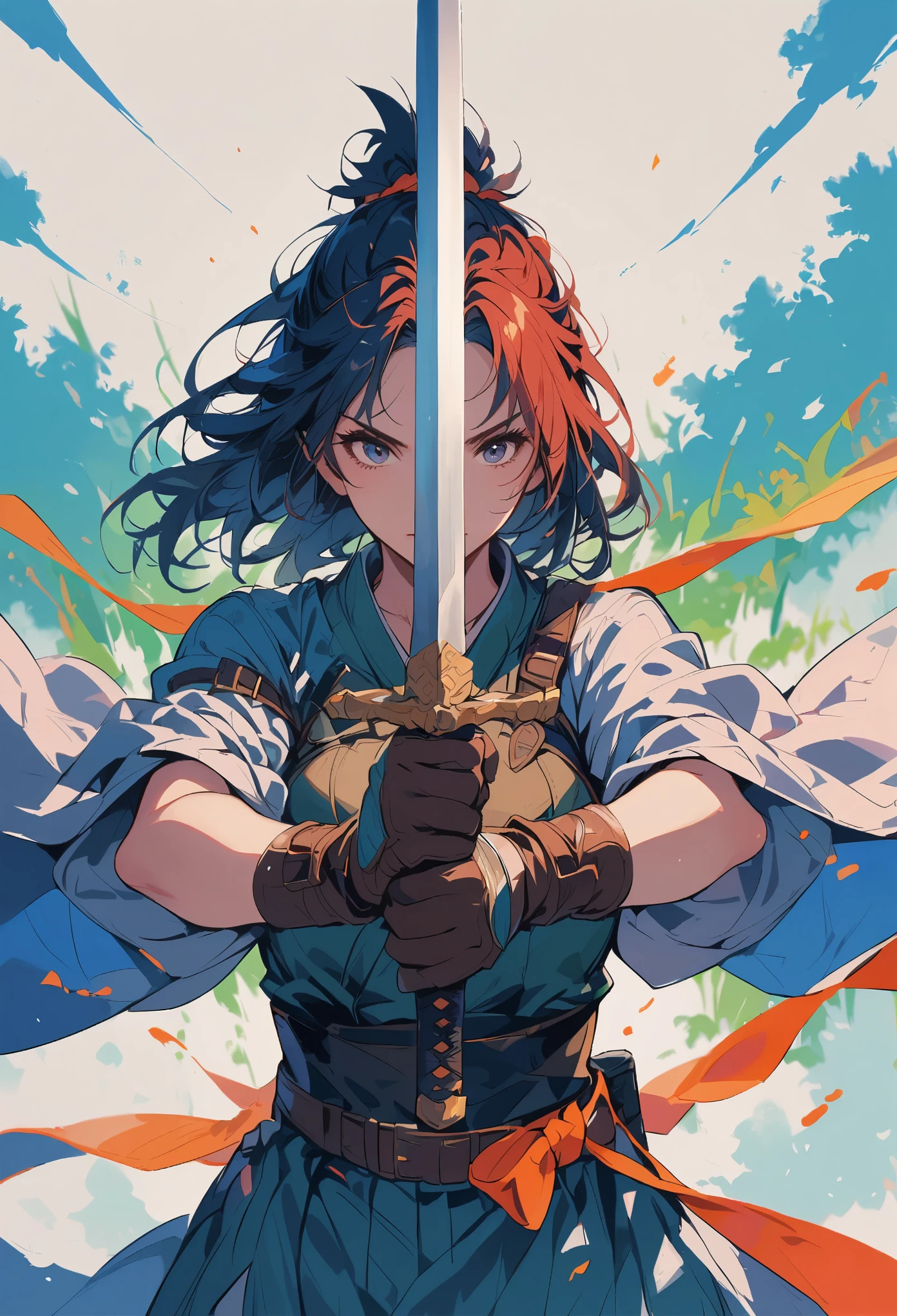 swordsman,1girl,cloud,gloves,holding,holding sword,holding weapon,sky,solo,sword,weapon,holding sword with both hands,sword focus