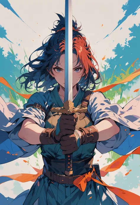swordsman,1girl,cloud,gloves,holding,holding sword,holding weapon,sky,solo,sword,weapon,holding sword with both hands,sword focu...