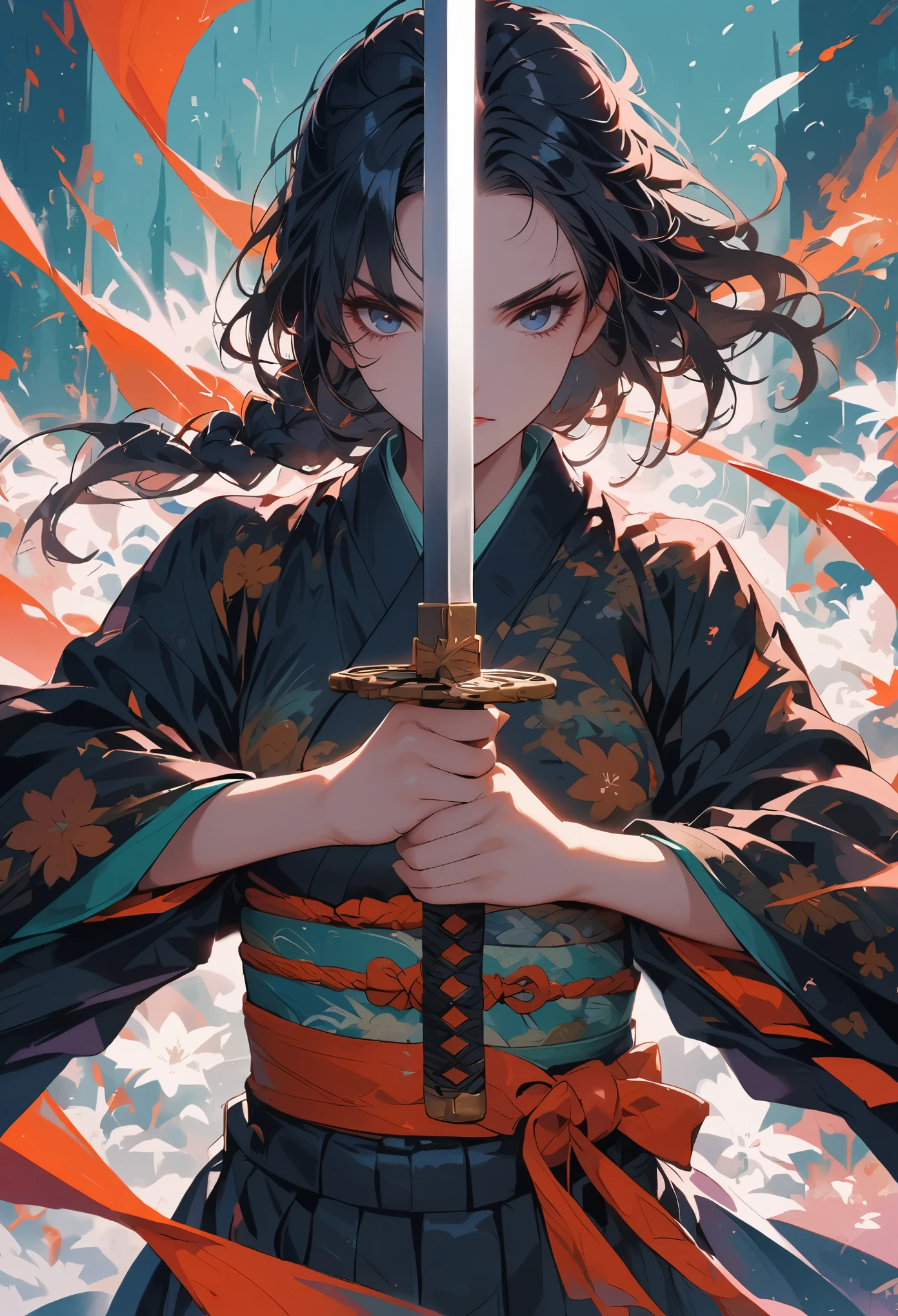 swordsman,1girl,black hair,black kimono,holding,holding sword,japanese clothes,katana,kimono,solo,sword,weapon,holding sword with both hands,sword focus