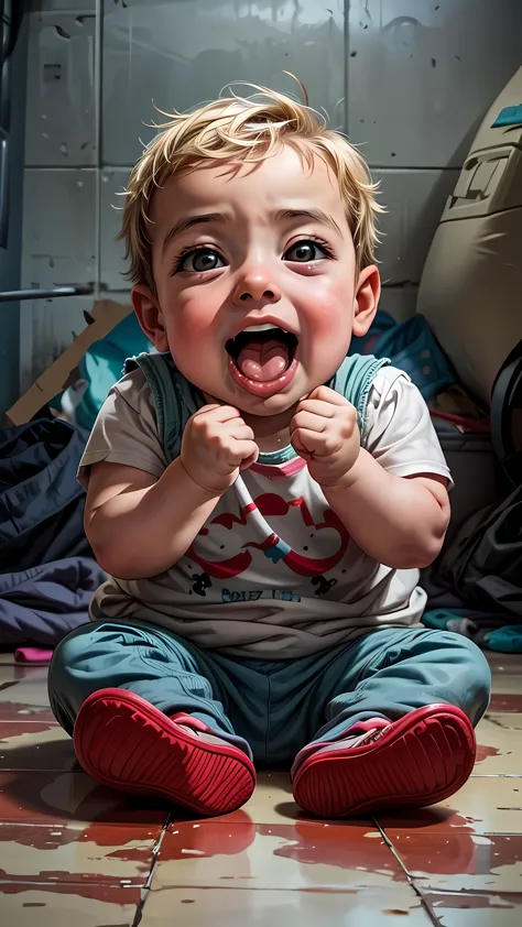 an apparently 3 year old baby with his mouth open and an expression of happiness sitting on the floor looking at the camera from...