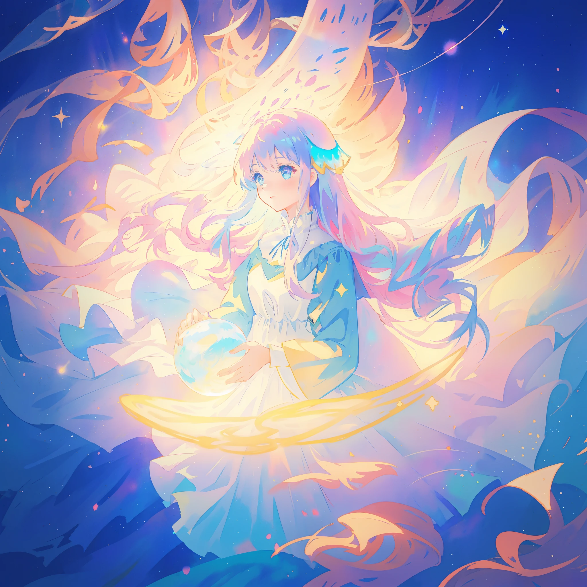 watercolor illustration, beautiful young girl in a long flowing sleeve dress, simple medieval style dress, long flowing hair, beautiful girl holding a glowing ball of light, sparkling blue eyes, colorful fantasia background, watercolor illustration, disney art style, glowing aura around her, glowing lights, beautiful digital illustration, beautiful, masterpiece, best quality, anime disney style