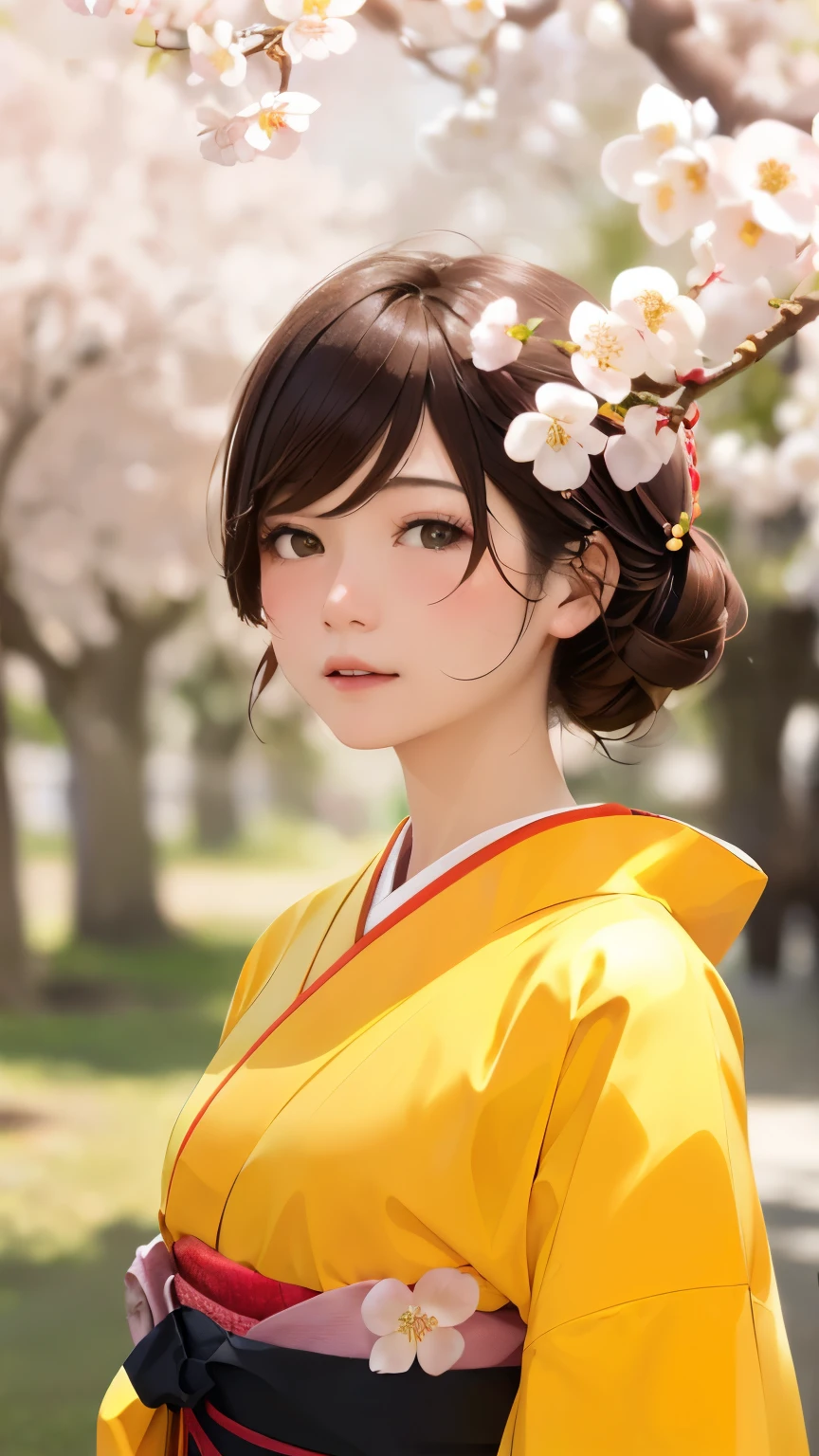 (kimono)、Japanese clothing、(highest quality,masterpiece:1.3,超A high resolution,),(Super detailed,caustics),(Photoreal:1.4,RAW shooting,)ultra-realistic capture,very detailed,High resolution 16K suitable for human skin、 natural skin texture、、Skin tone looks even and healthy、 Use natural light and color,one woman,Japanese,,cute,beautiful silky brown hair,middle hair,(Depth of written boundary、chromatic aberration、wide lighting range、natural shading、)、(hair swaying in the wind:1.3)、(Cherry tree in full bloom:1.3)、Yoshino cherry tree、The beautiful city of Kyoto