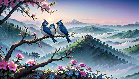 two blue birds cuddle together on a twig apple tree with pink flowers near the bird's nest below them is a meadow full of beauti...