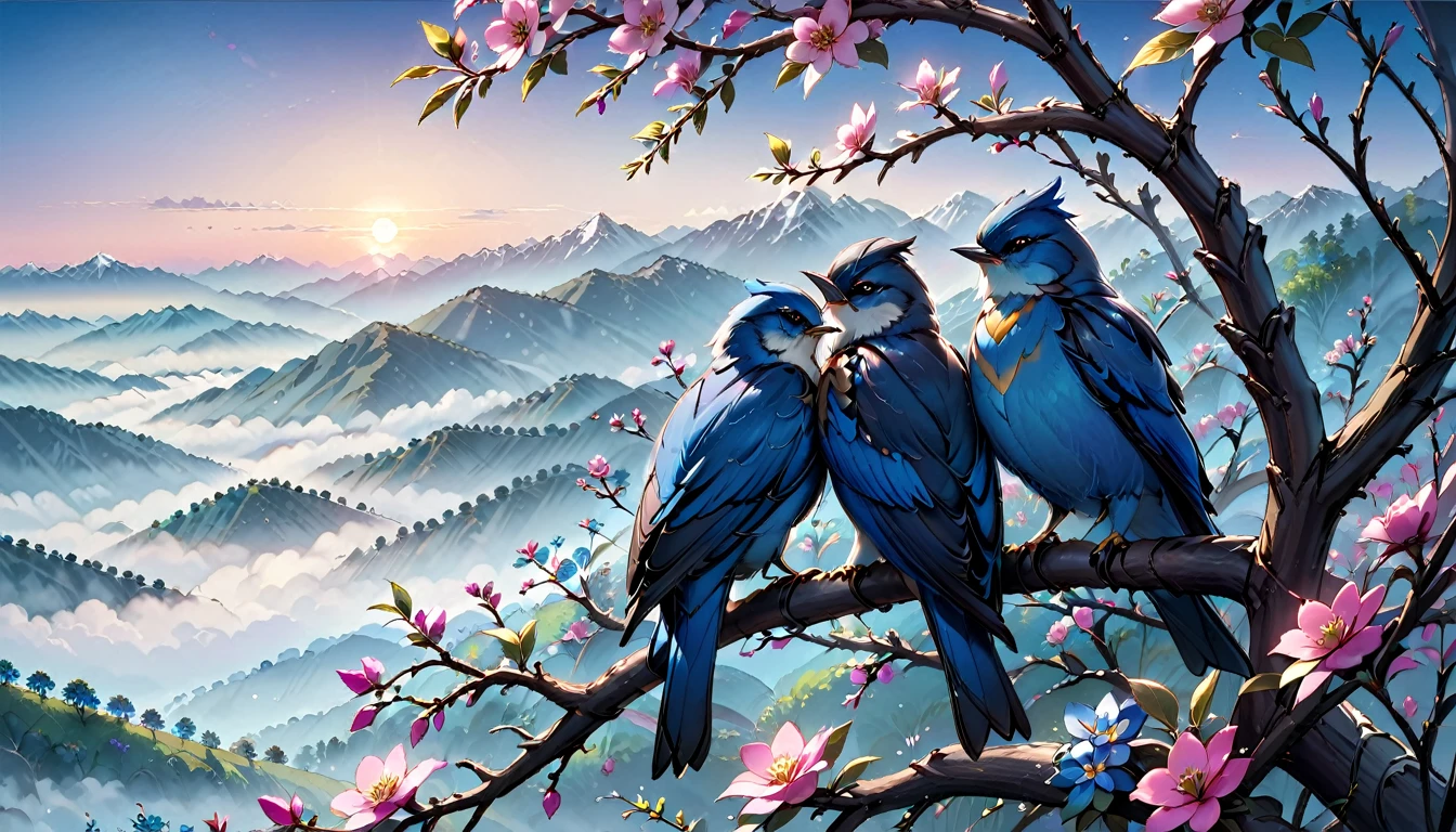 Two blue birds cuddle together on a twig apple tree with pink flowers near the bird's nest below them is a meadow full of beautiful flowers on the horizon there are mountains in the mist with the rising sun of bright colors